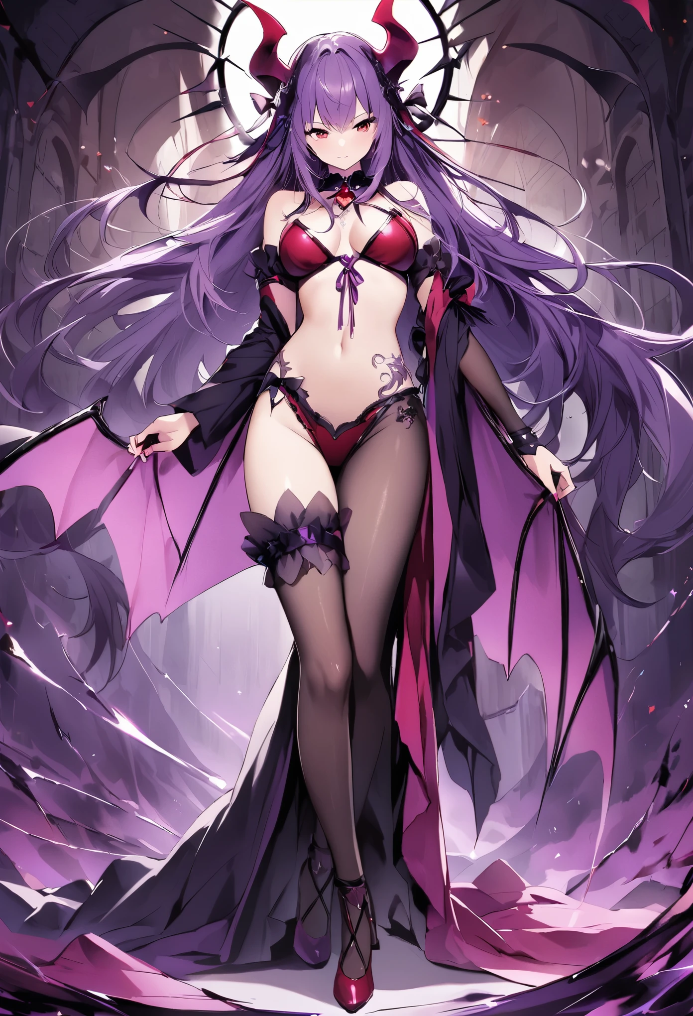 kiri , Works based on purple throughout 、Purple Hair、 long hair、 sexy woman、Succubus、Devil's Wing、Devil horns、Ridiculous Costumes、Dim background、Purple lighting