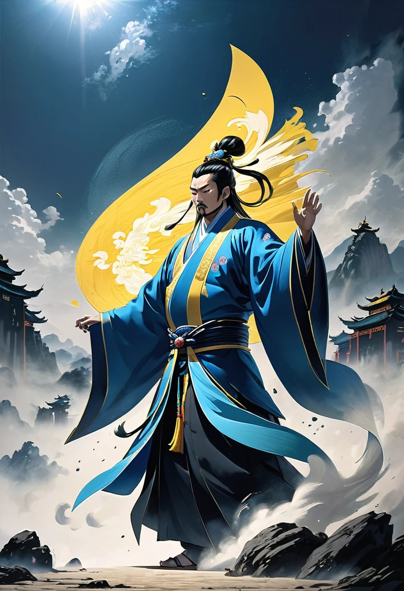 8k, A complete storytelling, full face, a Taoist priest standing straight, two fingers holding a yellow paper in the air drawing ancient Chinese words, forming an incantation, these words slowly dissipate in the air, forming gusts of white smoke, turning into the shadow of a tall golden god of martial arts, appearing behind the Taoist priest, who has his back turned to the shadow, dominating the entire sky above him, angry, overall cold color tones , white, blue, forming a contrast between light and dark, traditional Chinese style, national style, ink painting, fairyland, graphic nature, edge light, highlighting the Taoist priest, full-body image, Long Perspective , first-person perspective, 3D , realism, high resolution, high detail, virtual engine, rendering --ar 3:4 --q 5 --s 750 --niji 5 