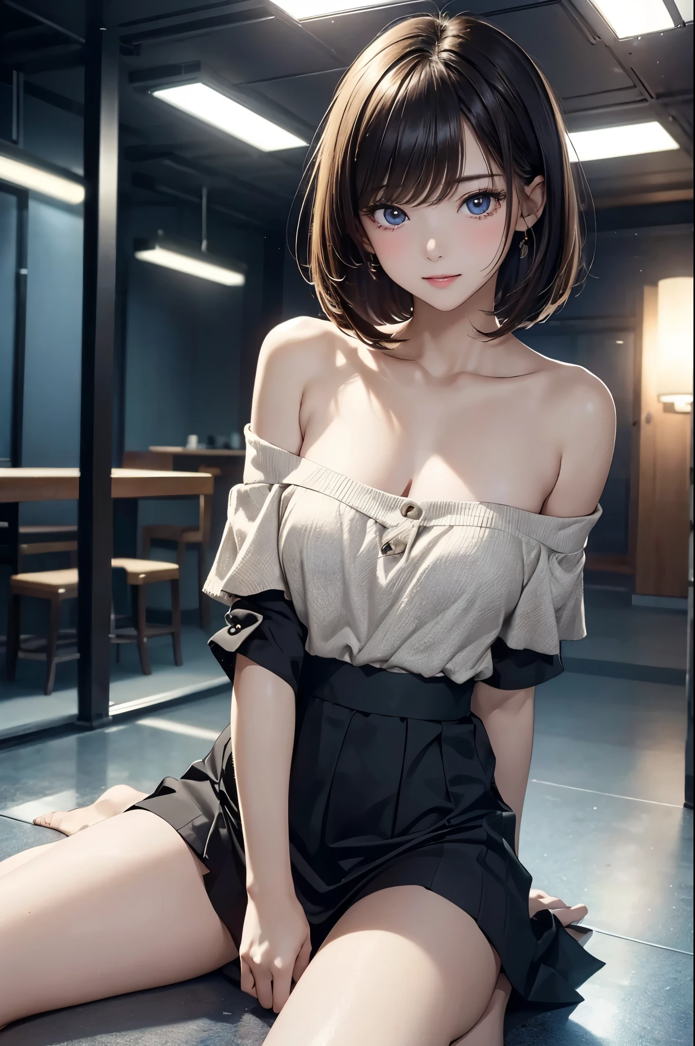 (masterpiece, best quality:1.2), 1girl, straight bob hair, (8k, extremely detailed CG), (Bend your knees and spread your legs wide:1.3), Cinema Lighting,  (strap slip off shoulder, skirt)