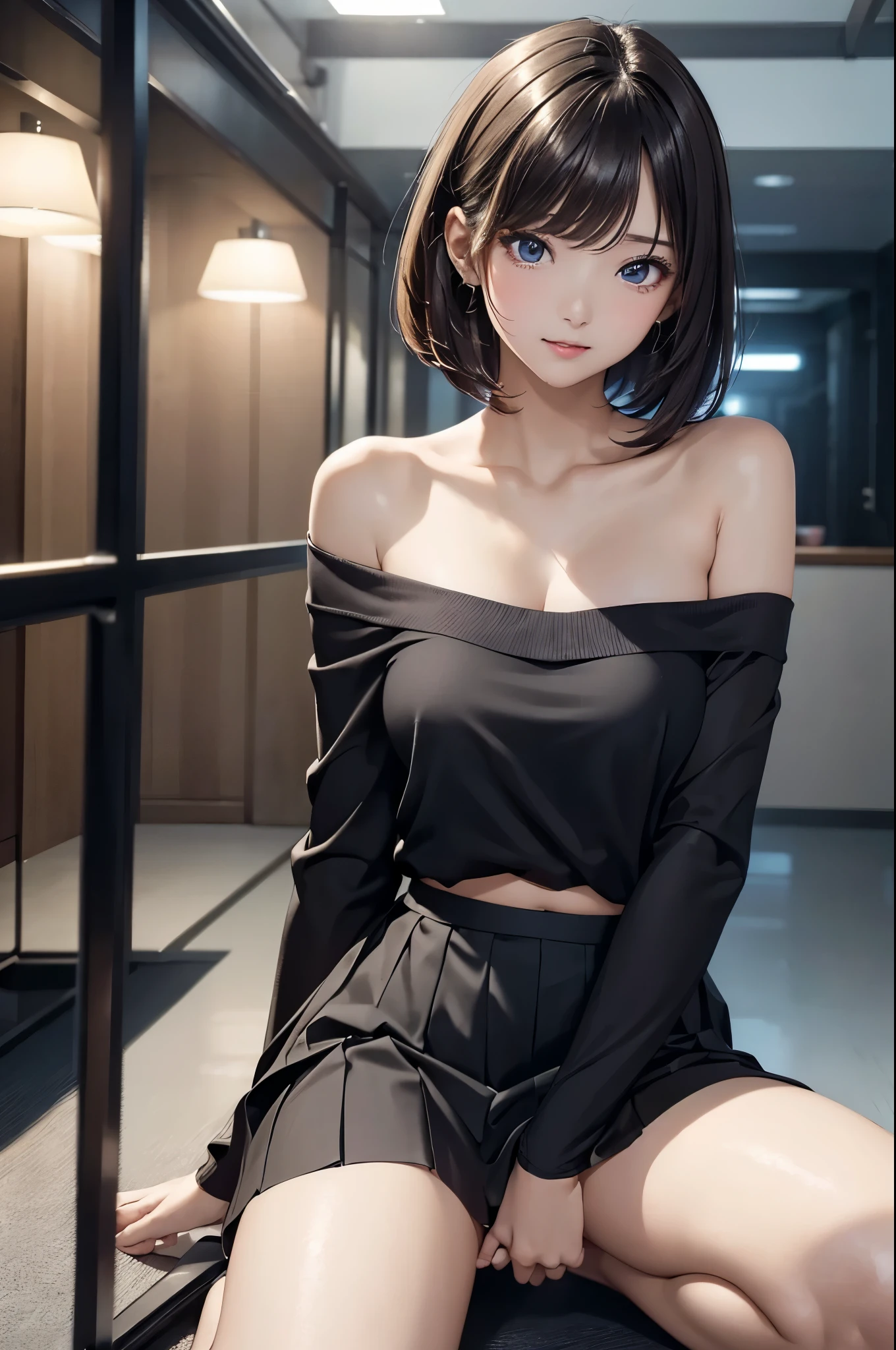 (masterpiece, best quality:1.2), 1girl, straight bob hair, (8k, extremely detailed CG), (Bend your knees and spread your legs wide:1.3), Cinema Lighting,  (strap slip off shoulder, skirt)