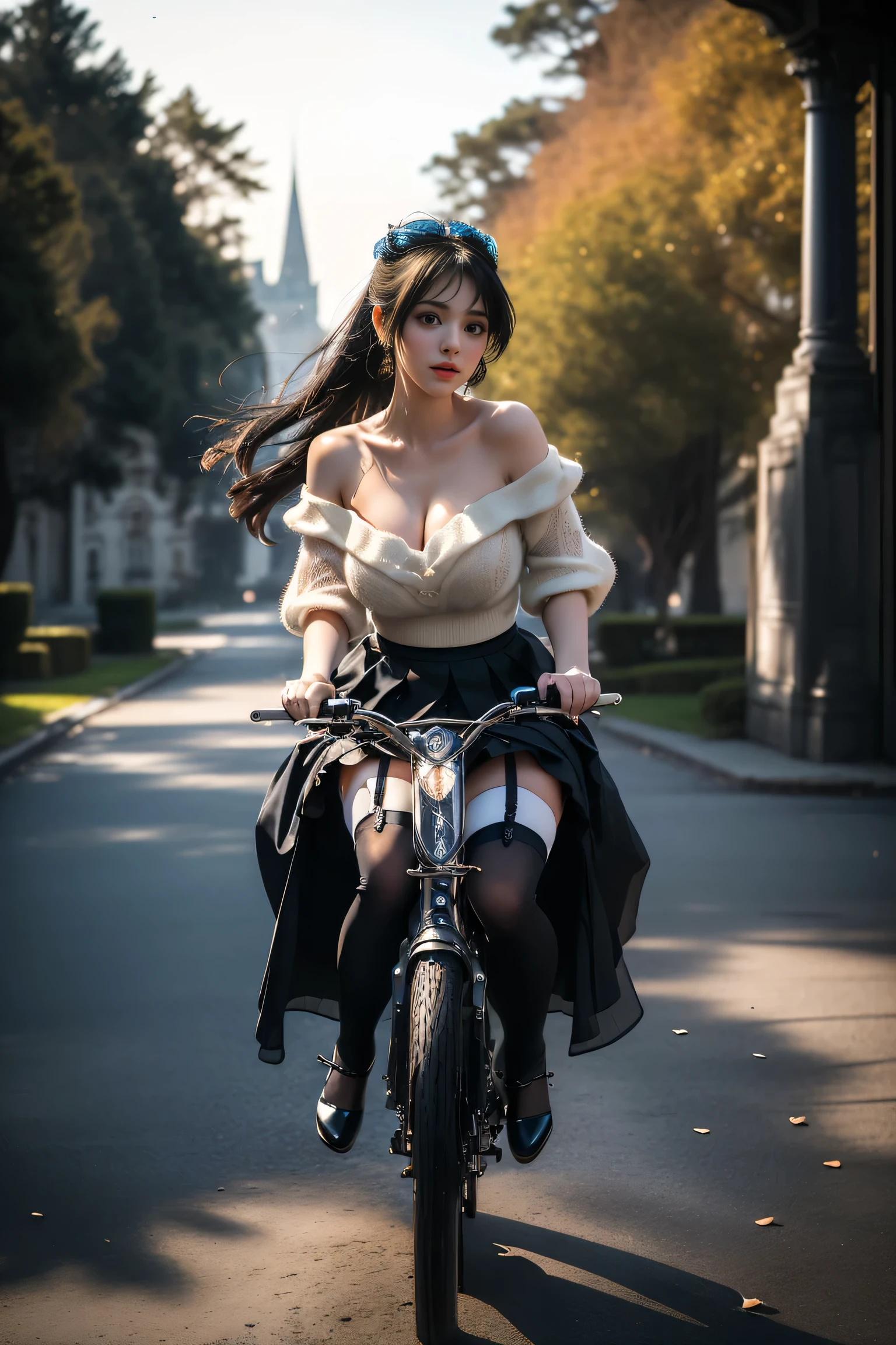 ((Girl riding a motorcycle in lakeside park))、Fluorescent color、 one girl 、Look to the side、Beautiful Face、 beautiful eyes、(Big Blue Eyes)、( Silver Dull Eyes ) (Her body lines are clear due to strong winds ）、Shiny Hair、Glowing Skin、Glare Reduction 、 Finger Proportion Adjustment 、Escrow、Bat View、（silhouette）、 dynamic angles 、Master Parts、（Best Quality クオリティ）、（Super detailed）、（Illustration）、（Detailed light）、（ very delicate and beautiful）、 Dramatic Shadows 、( riding a motorcycle )、reflection、超 Kampala、（Master Parts）、（Super detailed）、（Illustration）、（Detailed light）、（ very delicate and beautiful）、 Dramatic Shadows 、 ray tracing、reflection、超 Kampala  Kampala、（Master Parts）、（Best Quality）、（Ultra HD）、 Kampala、（ Colorful Hair and Mesh ）、( hair fluttering in the wind)、（big、 Blue Eyes）、Silver Hair、Hair woman、Sparkling butterfly、 Sparkling Petals 、黒Hair woman、Point of Light。Magical Aura、Green dot、The true nature of aura、Magical Aura黒Hair woman、(( off-the-shoulder white hand-knitted sweater 、black flared mini skirt：1. 3）、（ sleeveless）、（ Skirt Flutters in the Wind ）、（(Riding a bike)）（Petals are dancing）、（ White Panties Visible ）、（ Full Body Shot ）、slim、（Long legs）、（High heels）、(A girl riding an antique bicycle in the lakeside park with a hazy European castle in the background )Hole texture 。Perfect Eye、Best Quality、masterpiece、16k、photograph、Head portrait、 Medium Chest 、 take care of your chest 、sleeve、 take care of your chest 、Delicate Avatar、(())、(sleeve無し)、( sleeveless)、( black garter and garter belt )、( black stockings )、(High heels)、Cleavage Coordination、(Full body angle)、