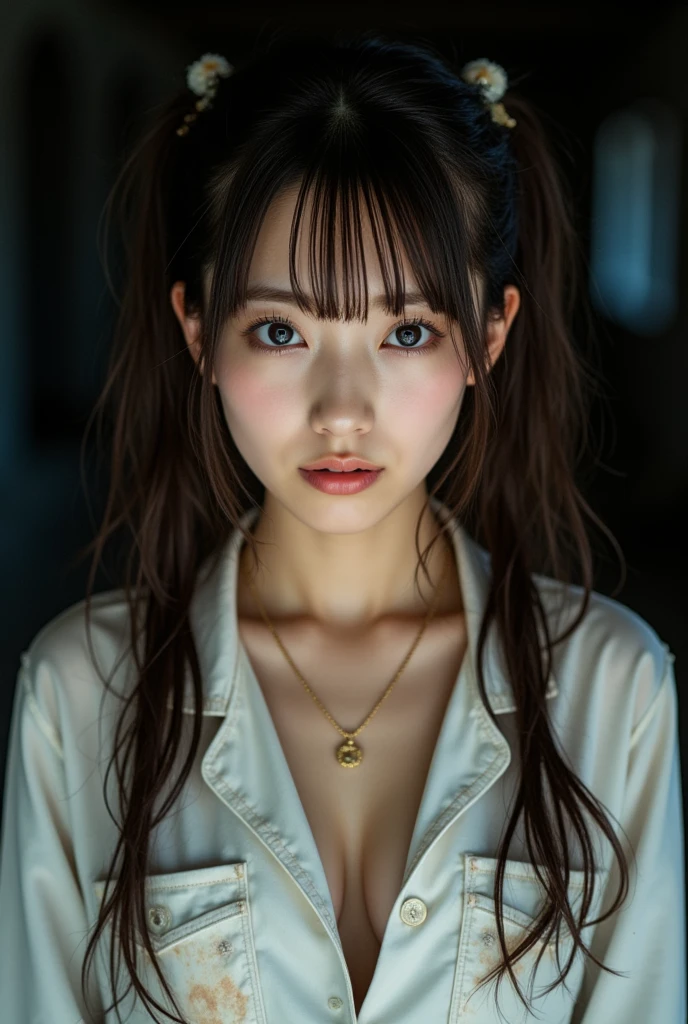 (Cinematic tones)(The film is in a cool gray tone)(Wet clothes:1.9),(Get wet all over your body:1.9),Top image quality, tmasterpiece, 超高分辨率, (Fidelity:1.4), photore,deluge, stunningly beautiful woman, (Sorrow), white shirt, dim murky lights, shadowy, Desperate, Pity, Pathetic, Cinematic, Tears, tear drop, (ripped clothing:1.5), (Wet clothes:1.4), bare shoulders, Real rain, wetting hair