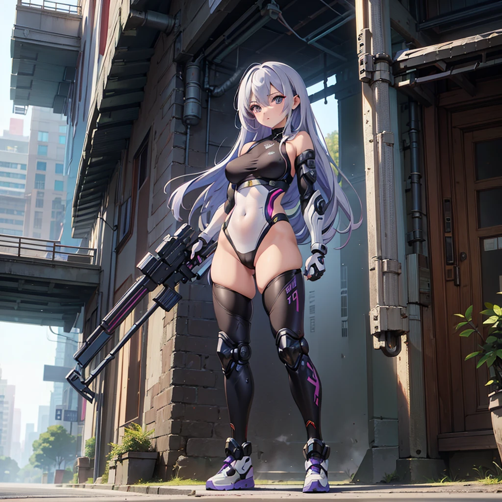 (masterpiece,   best quality ), (  perfect athletic body  :1.2), (Detailed Hair), super detailed,   anime style , Full Body,   cyberpunk ninja gunner girl, Wearing techwear,  purple accessories  ,  Equipped with a giant tech gun  ,  Black and white hair , stew, Mechanical Arm Guard, Put on your tech boots, 8k high resolution,   trendy art station  ,    White Background  ,  Standing in the wilderness , whole body,