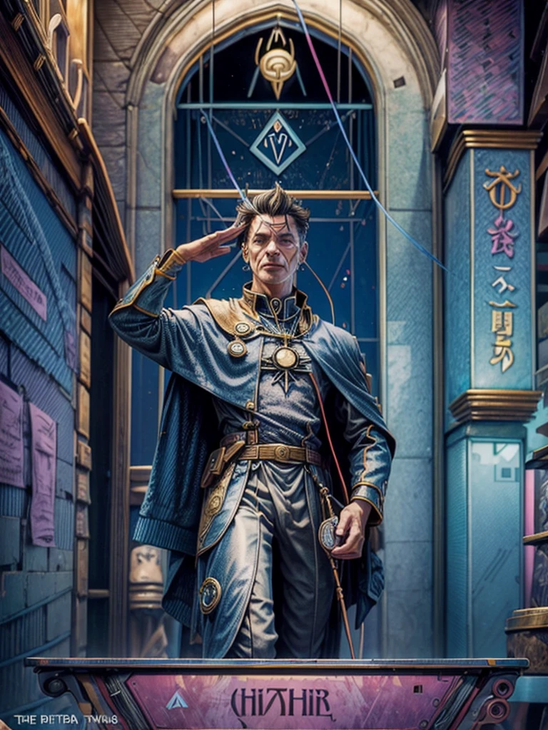 Tarot cards, symbols of knowledge and culture,, illuminati, cyberpunk:1.8, 1man, middle aged man,   haker, hacking device, blad:1.9, teacher,  suit, bow, eletronic circutry in background, muted orande dress, , cables and connectors, futuristic city, neon light, a bookon his hand, giving a salute, hyeratic pose,   a pen on the other, the card is titled  (the teacher)