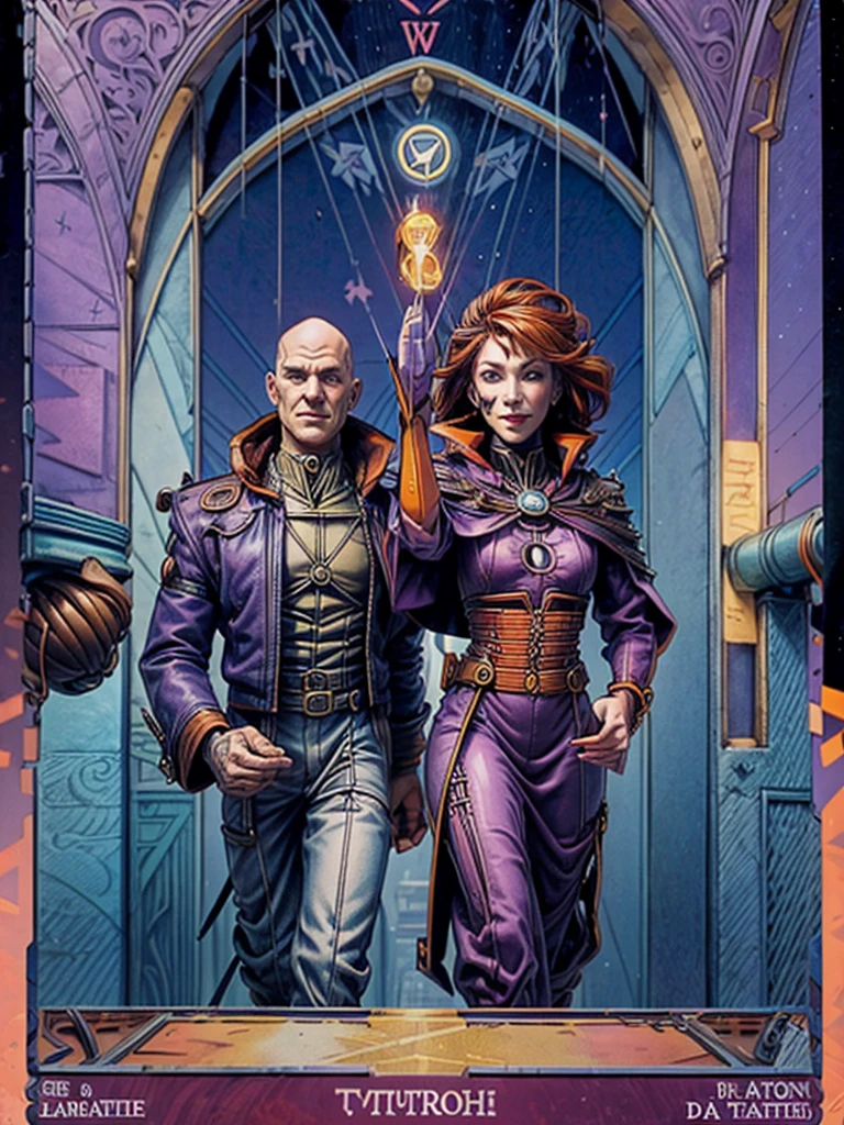 Tarot cards, symbols of knowledge and culture,, illuminati, cyberpunk:1.8, 1man, middle aged man,   haker, hacking device, shaved, bald:1.9, teacher,  suit, bow, eletronic circutry in background, muted orange dress, violet tones, cables and connectors, futuristic city, neon light, a bookon his hand, giving a salute, hyeratic pose,   a pen on the other, the card is titled  (the teacher)