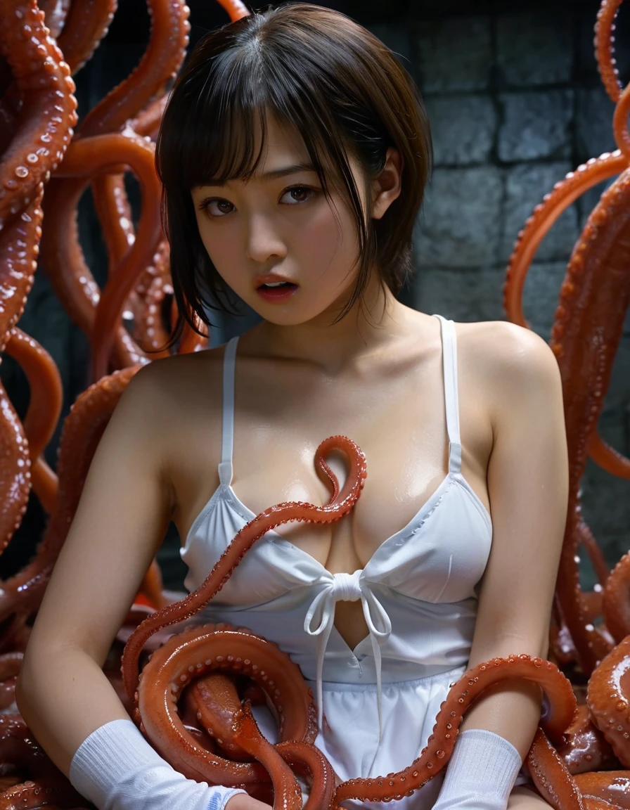 (((NSFW:1.0))),((Anatomically correct))、 Beautiful Alluring gothic dark ocean queen jenna ortega, oily wet Bare Skin, dark glossy make up, Athletic Well Toned Body, Elegant Form, at a coral reef, Barely Clothed, embraced by tentacles, cleavage, tentacles embracing her, tentacles entering her orifices, tentalce sex, vissible breasts, sea shell ornaments, Beautiful Face, lovecraftian theme, nautical Theme, Fiverr Dnd Character, Octane Render, digital art, Extreme Detail, 4K, ultra HD, Polished, Beautiful, Hyperdetailed, Intricate, Elaborate, meticulous, Photorealistic, Sharp Focus, Wlop, Character Design, Unreal Engine, 3d Rendered, Volumetric Lighting, Reflections, Glossy, Digital Illustration, sensual pose, Suggestive Pose, Lewd, Full Body Shot, anatomically correct 💖❤💕💋❣、8k octane, movie, movie撮影, Ultra-detailed, Portrait Photography, Reality, Lens flare, movieの光効果, Godley,, Devil horns, Fisheye Shot, Heavy makeup, A seductive smile, evil, Earrings, Hoop Earrings, Silver Hair, Hime cut, Anatomically correct, Highest quality, High-resolution model, Textured skin, Ultra high definition, Retina, (She thrusts out her chest, but the tentacles are hiding it.)、Cleavage Emphasis、Ribs emphasis