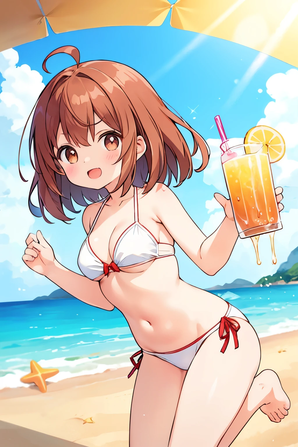 Viewer discretion advised、 best quality 、One girl, Normal size breasts、 Girls have slender bodies、Reddish brown hair、 straight hair、Ahoge、brown moist eyes、 white bikini、 sandy beach、 seems to be having fun、Cheerful pose、Sunshine pours down、Drink juice