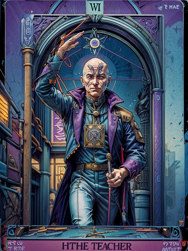 Tarot cards, symbols of knowledge and culture,, illuminati, cyberpunk:1.8, 1man, solo, middle aged man,   haker, hacking device, shaved, bald:1.9, teacher,  suit, bow, eletronic circutry in background, muted orange and blue dress, violet tones on the bacground, cables and connectors, futuristic city, neon light, a bookon his hand, giving a salute, hyeratic pose,   a pen on the other, the card is titled  (the teacher)