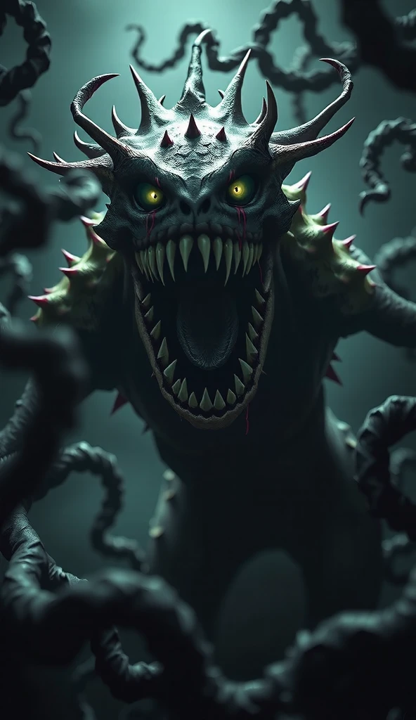 "Create a hyperrealistic, terrifying depiction of a monstrous Venus Flytrap towering in a dark, eerie background. The plant has massive, spiked jaws that snap shut with intense force, dripping with venom and stained with hints of blood. Its eyes are menacing, glowing faintly to add an unsettling feel. The jaws appear like razor-sharp pincers, with serrated edges covered in toxic slime. The dark, misty atmosphere emphasizes the plant's predatory nature, as twisted vines extend menacingly, casting shadows on the ominous surroundings. Render in 4k and 8k resolution for ultra-detailed textures and lifelike horror."