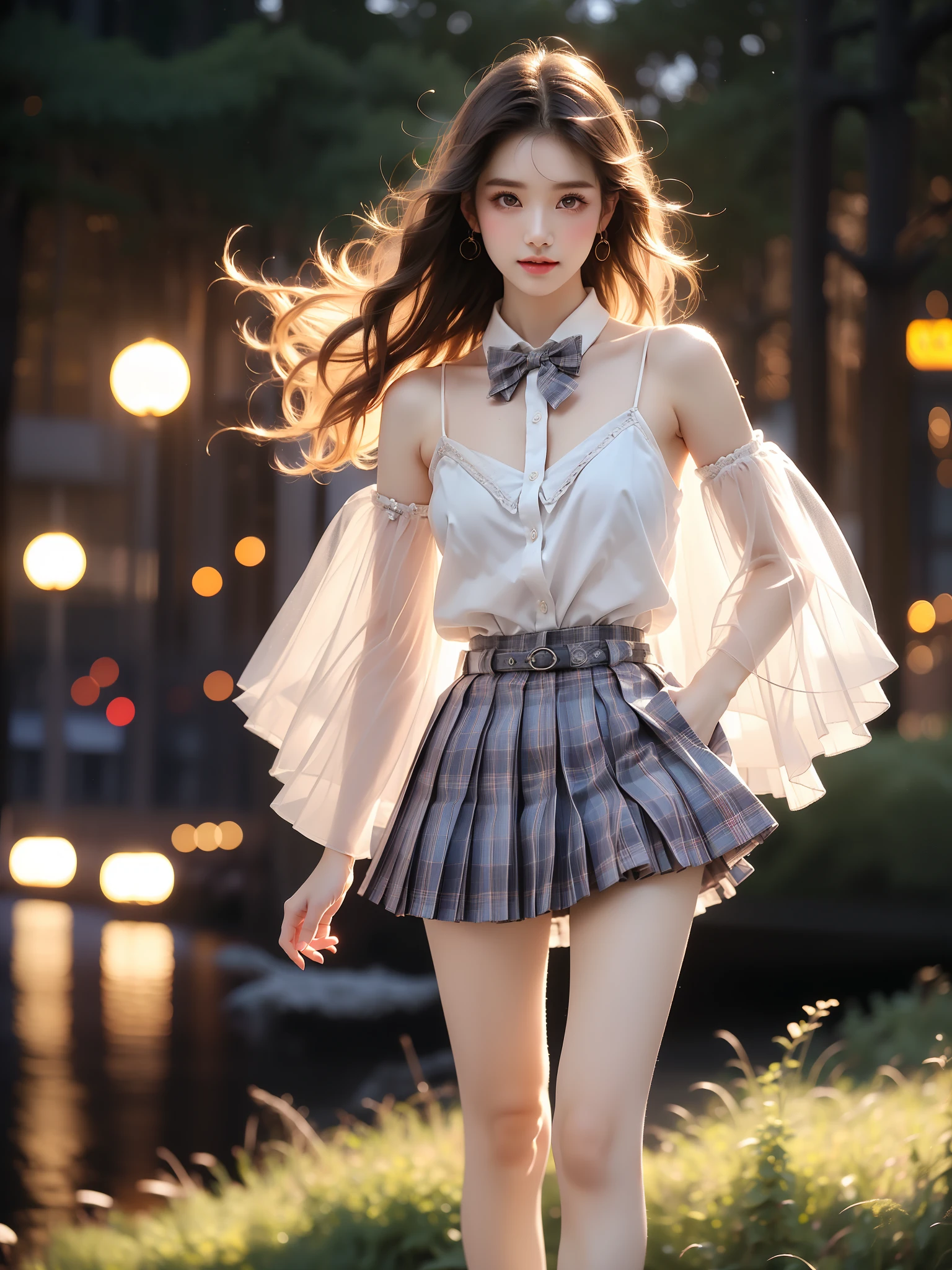 skirt,plaid necktie,belt,plaid skirt,black shirt,bowtie, ,((full body)), (Asian beauty: 1.3), girl, solo, ((Pleated skirts, short skirts, , very short hemline)), (toned body: 1.2), (naturally large breasts: 1.1), (visible cleavage: 0.8), (smooth flawless skin: 1.2), (perfect anatomical proportions: 1.3), (anatomically correct legs: 1.3), (elegantly long legs: 1.3), 1.1) Hands gently lift the skirt, (detailed features: 1.2), (big bright eyes: 1.1), (long eyelashes: 1.1), charming smile, gentle and confident expression, Head slightly tilted, long flowing hair, (night scene: 1.1), (starry sky: 1.0), (space background: 0.9), (professional soft light: 1.2), (warm tone: 1.1), (Masterpiece: 1.4), (Super Detail: 1.3), (Sharp focus: 1.2), (Realistic: 1.2), (Hi-Fi: 1.1)