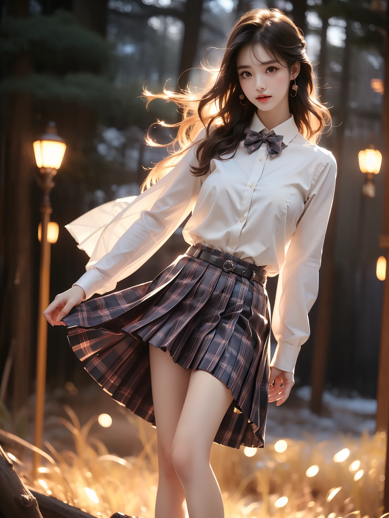 skirt,plaid necktie,belt,plaid skirt,black shirt,bowtie, ,((full body)), (Asian beauty: 1.3), girl, solo, ((Pleated skirts, short skirts, , very short hemline)), (toned body: 1.2), (naturally large breasts: 1.1), (visible cleavage: 0.8), (smooth flawless skin: 1.2), (perfect anatomical proportions: 1.3), (anatomically correct legs: 1.3), (elegantly long legs: 1.3), 1.1) Hands gently lift the skirt, (detailed features: 1.2), (big bright eyes: 1.1), (long eyelashes: 1.1), charming smile, gentle and confident expression, Head slightly tilted, long flowing hair, (night scene: 1.1), (starry sky: 1.0), (space background: 0.9), (professional soft light: 1.2), (warm tone: 1.1), (Masterpiece: 1.4), (Super Detail: 1.3), (Sharp focus: 1.2), (Realistic: 1.2), (Hi-Fi: 1.1)