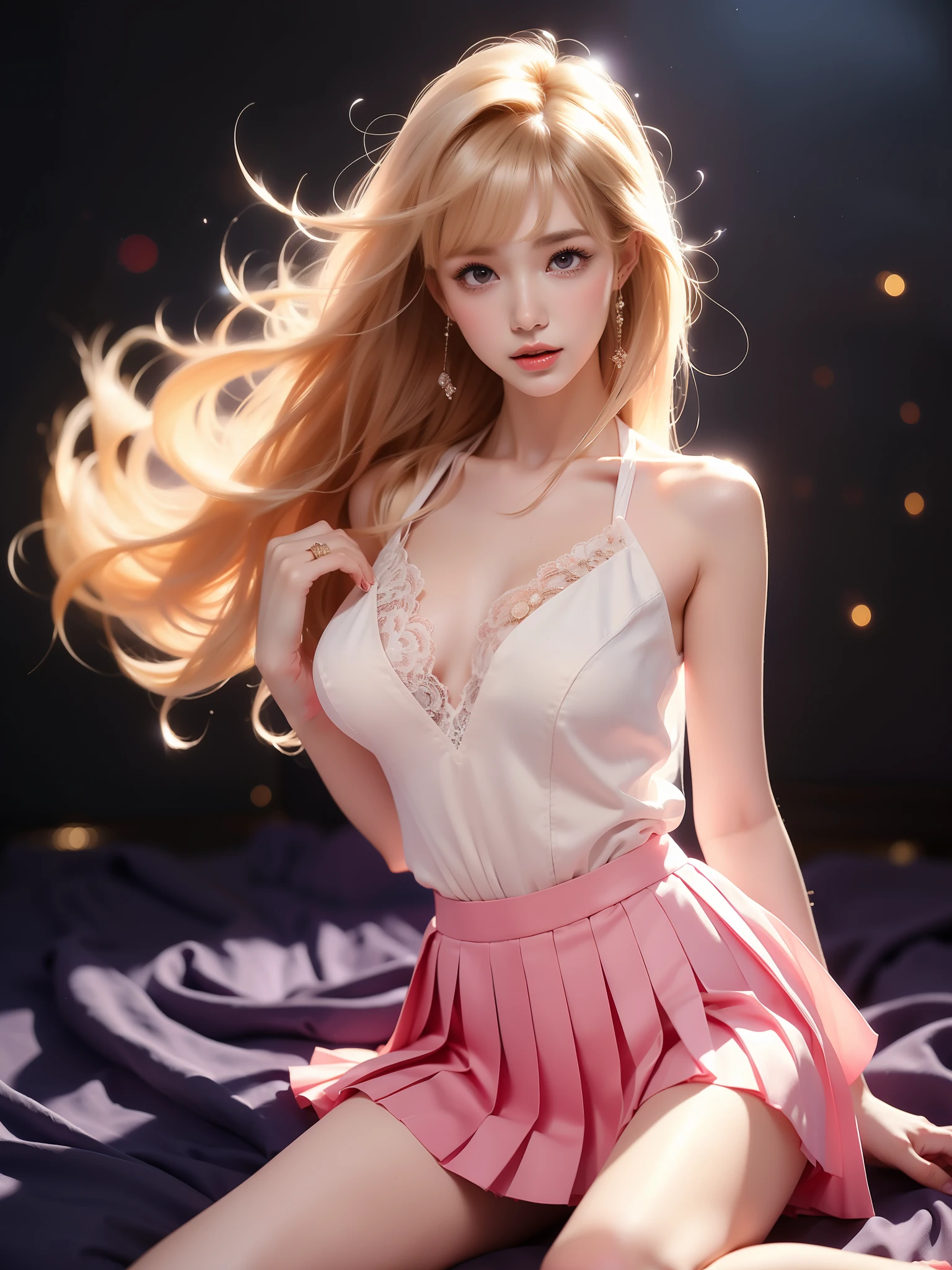 misaki nakamura, long hair, blonde hair, bangs, purple eyes, cleavage, blue shirt, pleated mini skirt, necktie, black thighhighs
 ,((full body)), (Asian beauty: 1.3), girl, solo, ((Pleated skirts, short skirts, , very short hemline)), (toned body: 1.2), (naturally large breasts: 1.1), (visible cleavage: 0.8), (smooth flawless skin: 1.2), (perfect anatomical proportions: 1.3), (anatomically correct legs: 1.3), (elegantly long legs: 1.3), 1.1) Hands gently lift the skirt, (detailed features: 1.2), (big bright eyes: 1.1), (long eyelashes: 1.1), charming smile, gentle and confident expression, Head slightly tilted, long flowing hair, (night scene: 1.1), (starry sky: 1.0), (space background: 0.9), (professional soft light: 1.2), (warm tone: 1.1), (Masterpiece: 1.4), (Super Detail: 1.3), (Sharp focus: 1.2), (Realistic: 1.2), (Hi-Fi: 1.1)