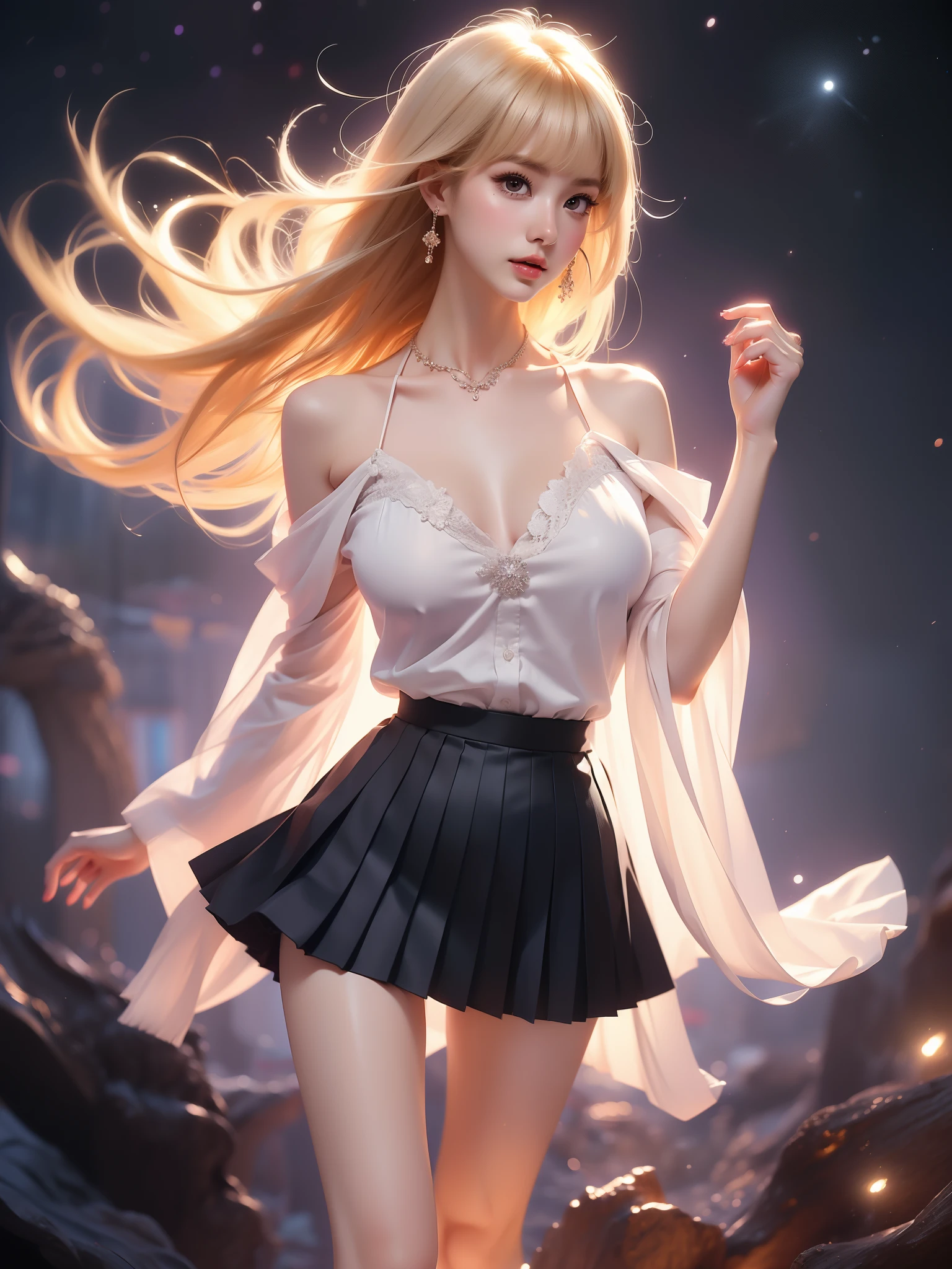 misaki nakamura, long hair, blonde hair, bangs, purple eyes, cleavage, blue shirt, pleated mini skirt, necktie, black thighhighs
 ,((full body)), (Asian beauty: 1.3), girl, solo, ((Pleated skirts, short skirts, , very short hemline)), (toned body: 1.2), (naturally large breasts: 1.1), (visible cleavage: 0.8), (smooth flawless skin: 1.2), (perfect anatomical proportions: 1.3), (anatomically correct legs: 1.3), (elegantly long legs: 1.3), 1.1) Hands gently lift the skirt, (detailed features: 1.2), (big bright eyes: 1.1), (long eyelashes: 1.1), charming smile, gentle and confident expression, Head slightly tilted, long flowing hair, (night scene: 1.1), (starry sky: 1.0), (space background: 0.9), (professional soft light: 1.2), (warm tone: 1.1), (Masterpiece: 1.4), (Super Detail: 1.3), (Sharp focus: 1.2), (Realistic: 1.2), (Hi-Fi: 1.1)