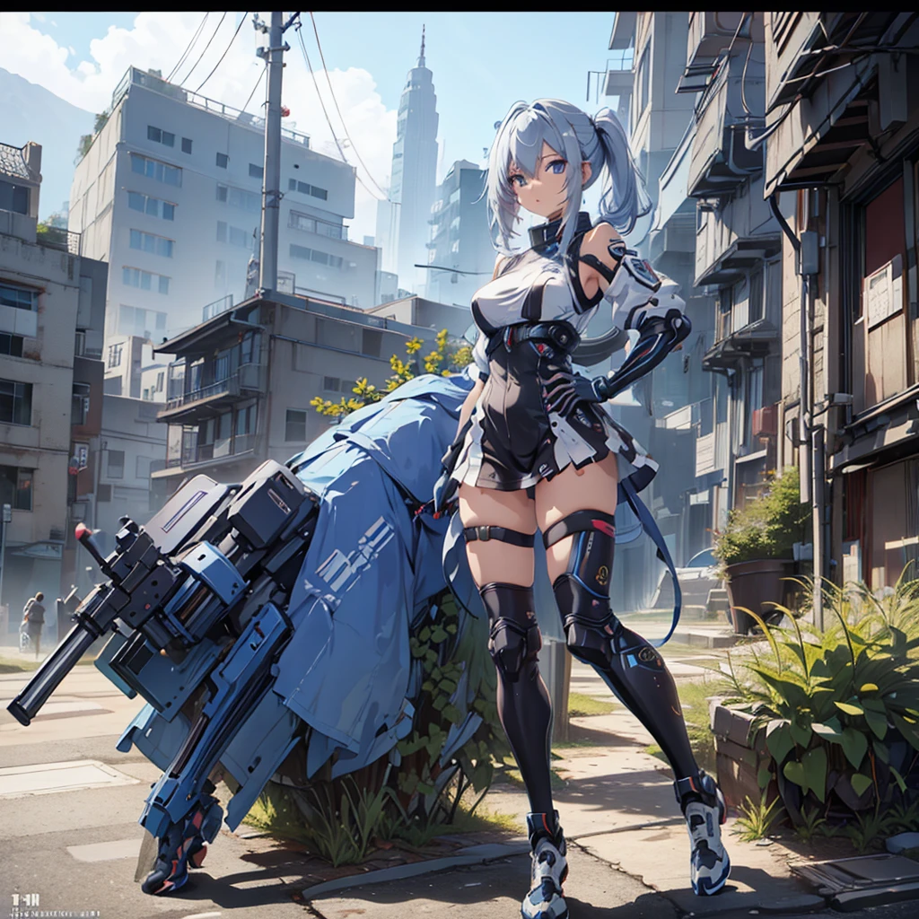 (masterpiece,   best quality ), (  perfect athletic body  :1.2), (Detailed Hair), super detailed,   anime style , Full Body,   cyberpunk ninja gunner girl, Wearing techwear, blue accessories ,  Equipped with a giant tech gun  ,  Black and white hair , stew, Mechanical Arm Guard, Put on your tech boots, 8k high resolution,   trendy art station  ,    White Background  ,  Standing in the wilderness , whole body,