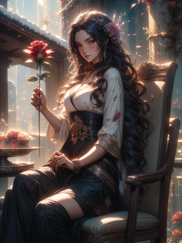  there is a man sitting on a chair with a rose on his lap, guweiz masterpiece, artwork in the style of guweiz,  relaxing concept art, Loish e Ross Tran, emotional concept art, guweiz, , highly detailed exquisite fan art , by Ross Tran, inspired by Ross Tran, By Yuumei, Krenz Cushart e Asher Duran
