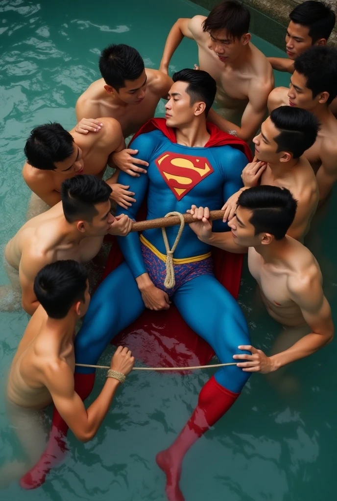 
Superman was tied to a wooden stick and unable to move in the center of the pool. A group of nude males wearing NIKE mid-calf white socks hug Superman. They all swarmed around Superman and kissed his body and lips. tongue kiss.They give Superman a kiss. Superman is obsessed with their kiss.

Just kiss superman.Kiss lips kiss deep kiss superman. 

Superman, 30-year-old Korean face , Attractive, the blue Superman suit with muscular,, (Black undercut ,   blue leggings and red cape and red boots and red panties：0.8), 16k,UHigh quality, [dslr,  crazy details , Winning photos,HD sunny day,kiss
