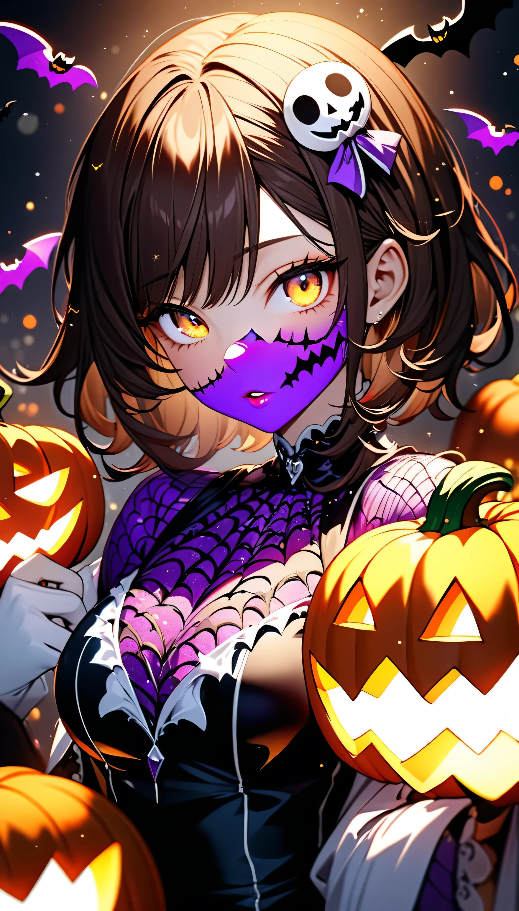 (beautiful girl:1.3),masterpiece,Please redeem,Ultra-high resolution,rich contrast,Very high quality,8k,Highly detailed CG unit wallpaper,Texture,So ridiculous,RAW Photos,Highest quality anime,Depth of written boundary 1.2,ultra-detailed eyes,Glowing Skin,Glitter Effect,Beautiful glossy lips,(double pumpkinbuns,Brown Hair),( Halloween ),Looks like she&#39;s about 15,ROUGH,(The tip of the skirt is equipped with a round light that emits yellow light).big and round butt,girl　Alone, fantastic,(Rear View:2.0),(Close-up on the nape:2.0),smile, closed mouth