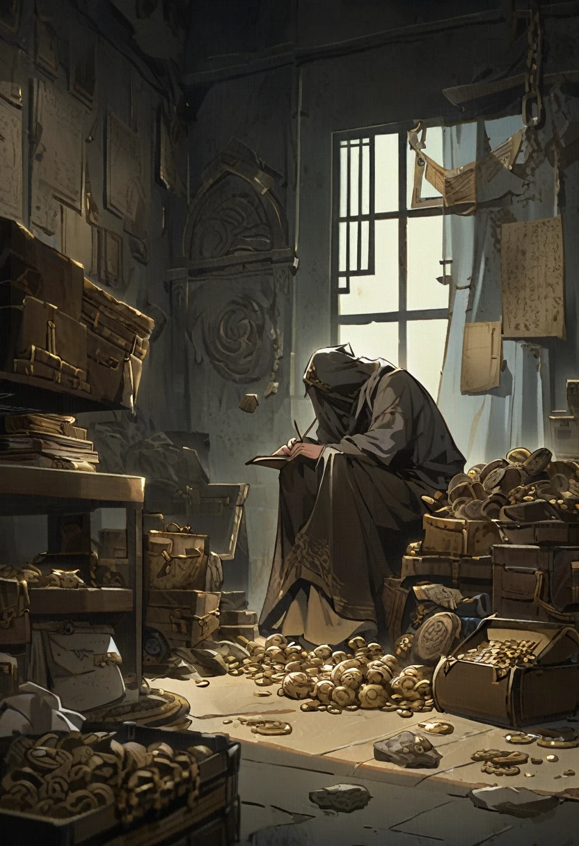 Dark storage rooms filled with dust, piles of treasures and old belongings lay high, with dim light coming in from a small window on the wall. Jinlong sat on his knees looking at an old notebook sealed with ancient symbols.