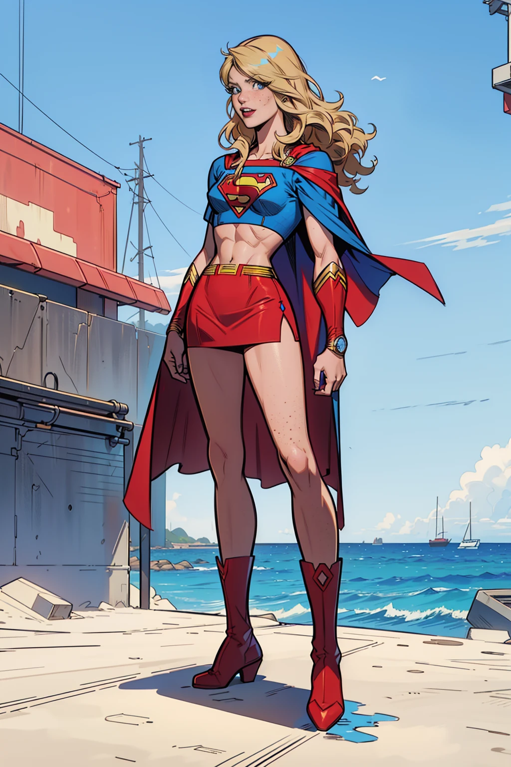 ((photo by full body, standing, on the ground))nsfw, 1girl, supergirl, DC colored eyelashes, detailed eyes, detailed face, superhero, blonde hair, long hair, wavy hair, blue eyes, eyeshadow, freckles, flat chest, pencil skirt, blue crop top, small cape,
