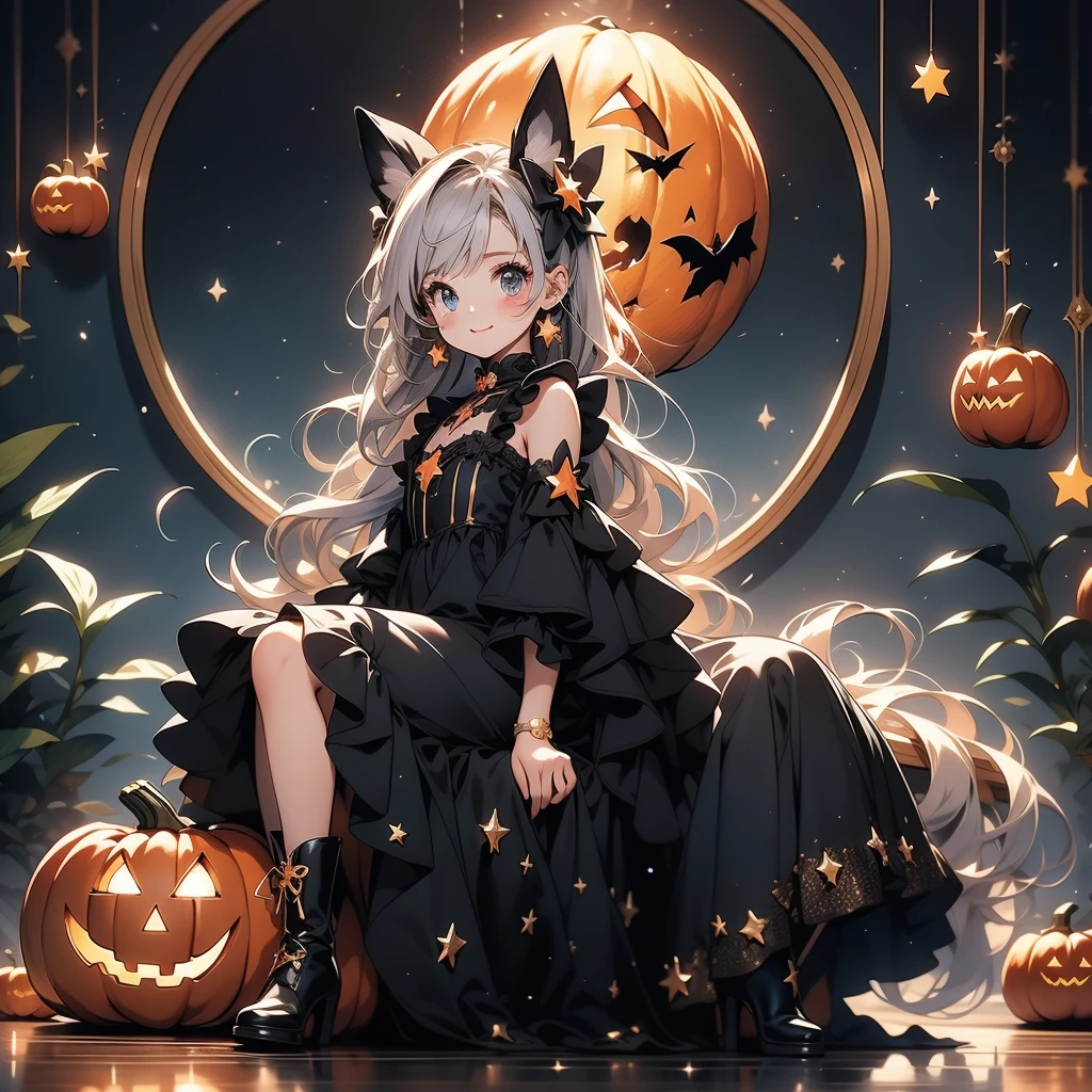 Chibi、cutestarの妖精、cute、（ beautiful eyes、Detailed eyes）、（ BEST DETAILS 、The best configuration、 perfect anatomy）、Full body front、Front、 facing the viewer、One Girl, best quality 、masterpiece、official art、Super detailed、 so beautiful、Pumpkin Fairy、Gray Hair、 straight long hair、milky way、Universe、star charm、star、、 long boots for stepping on bread, magic circle、houndstooth、smile、Magenta Neon Light、Hope and expectation、 trick or treat、 Halloween 、🎃、 Halloween の衣装、 Orange and Black Goth Outfit 、star、流star群、universe、 neon light enhances cuteness、dynamic、I'm sitting on a magic cane、sitting on the crescent moon