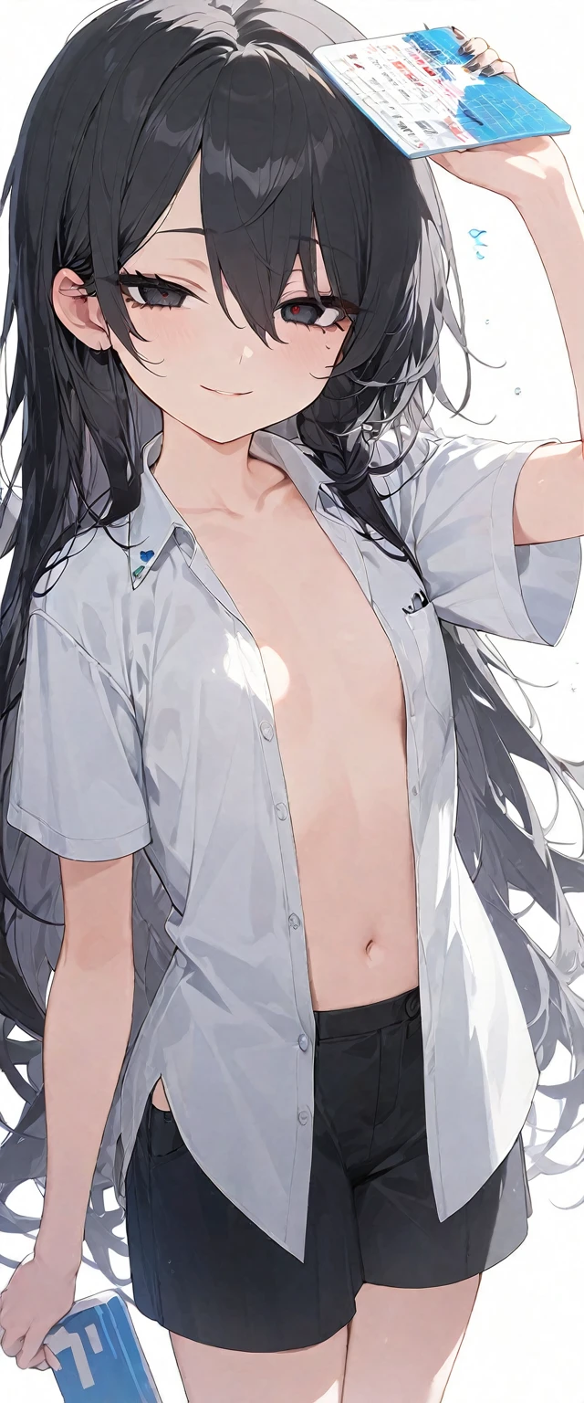 best quality, amazing quality, very aesthetic, absurdres, (1girl, aris (blue archive), blue archive, blue eyes, black hair, small breasts), (realistic face:0.9),(unzipped pants, loose pants, exposed crotch, bandaid crotch, topless, bandaid breasts), (grin, blush, thigh:1.3), (cowboy shot), (glowing eyes), (half closed eyes:0.9), (saliva trail), (official art:1.3), (pool), expressive eyes, perfect face, 4k, extremely detailed anime illustration, extremely detailed eyes, perfect anatomy, light rays, extremely delicate body, smooth skin, (simple background:1.5), clear eyes, beautiful face, small breasts,(anime style:1.7), (Warm Light:1.5), (highres:2),
