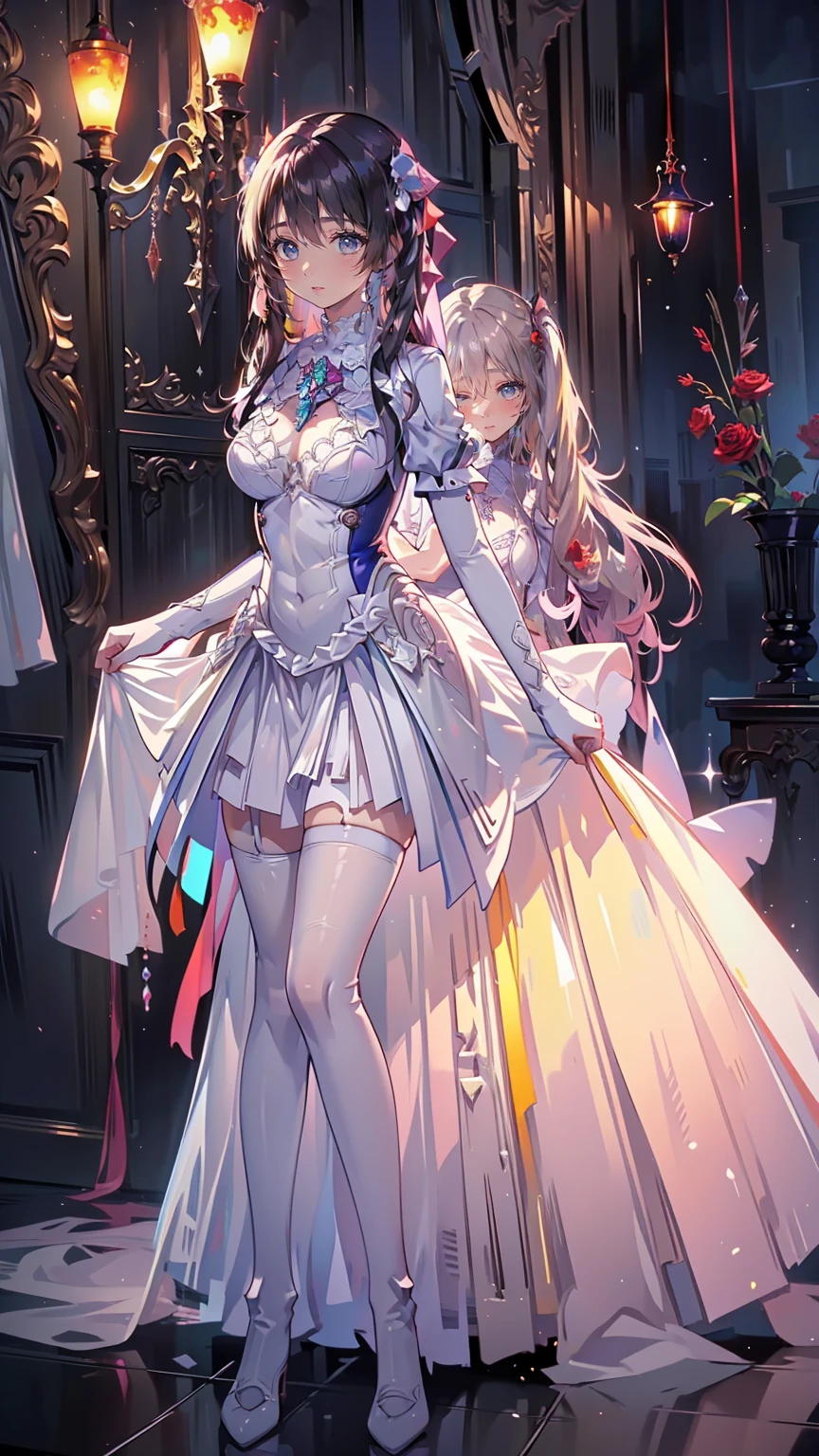 masterpiece, best quality, high quality, long hair, full body, def_effie, blue breastplate, white skin, looking at viewer, shiny, armor, thigh highs, high boots, shoulder armor, faulds, poleyn, gloves, gauntlets, (Felicia + Flora Maid outfit) 2girls together, standing next to each other, holding hands and hugging each other, french kiss, kiss, add details, very detailed