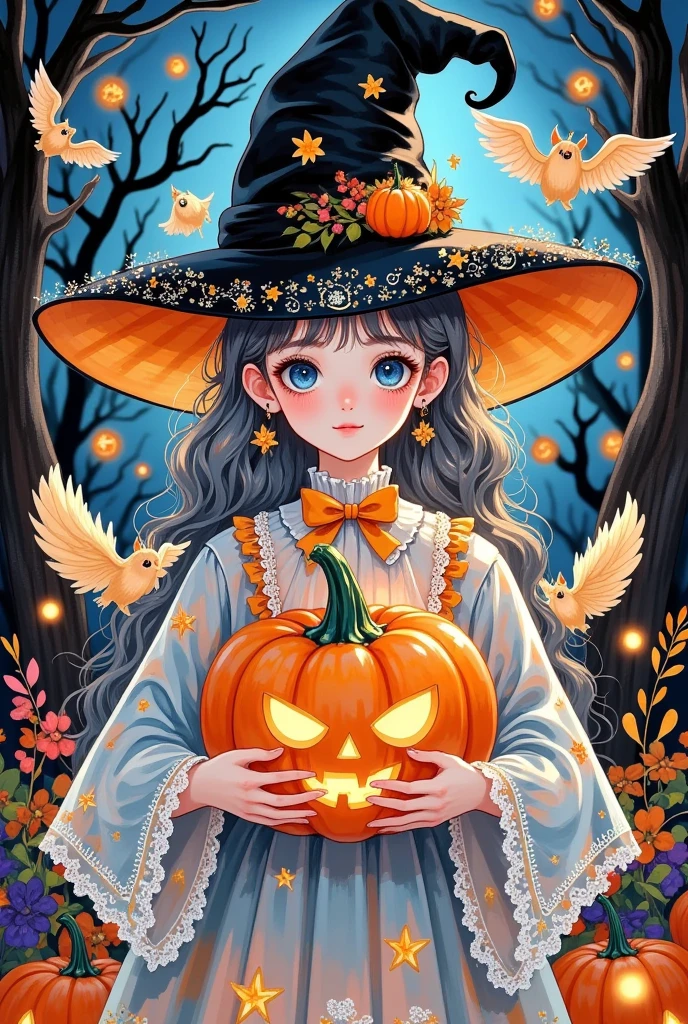 ghost，The girl in the Halloween scene, holding a pumpkin tightly with both hands, surrounded by bats dancing and feathers falling. Wearing a wizard hat, the image details are enhanced, full of rich details, with luminous and luminous effects, and a resolution of up to 8K