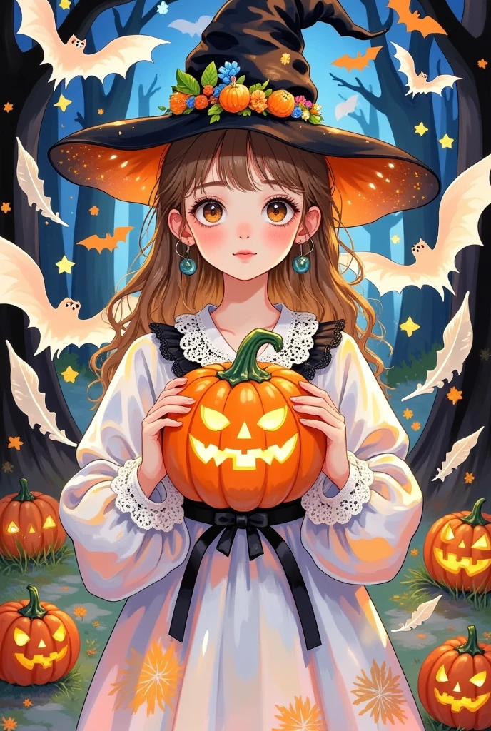 ghost，ghost，The girl in the Halloween scene, holding a pumpkin tightly with both hands, surrounded by bats dancing and feathers falling. Wearing a wizard hat, the image details are enhanced, full of rich details, with luminous and luminous effects, and a resolution of up to 8K