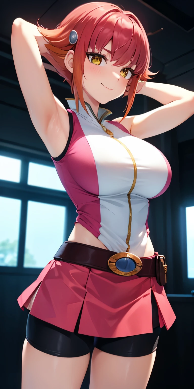 1 Female,High definition,high resolution,Ultra-realistic,8K, Annadef, 1girl, solo, multicolored hair, two-tone hair, hair ornament, yellow eyes, short hair, pink hair, red hair, orange hair,pink skirt ,small breasts, breasts, 
smile, shorts, sleeveless, belt, black shorts, bike shorts, large breasts,European,sexy,Upper body close-up,Photographed from the front,Dynamic Angles,(blush), (arms behind head),(big tits)