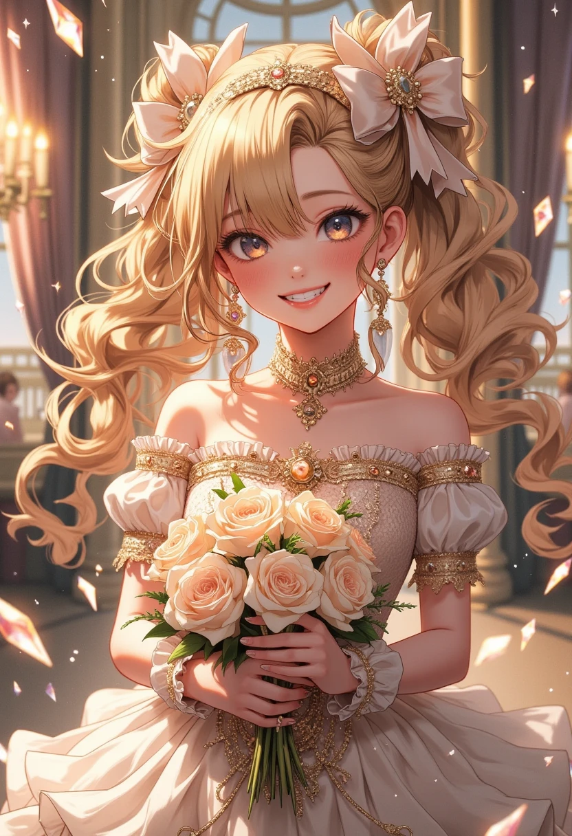 Dramatic composition, court-style dresses, royal, gorgeous, cascading frills, ruffles, bows, crystal chandeliers, Roman curly hairstyles, ponet, double ponytails like drills, look at the camera, bangs, maximalism, palatial background, delicate portrayal of hair and eyes, princess dresses, gorgeous skirts, flowers in hand, smiles, starry eyes, cinematic light, extreme detail, high definition, happy girl, very long hair, diamonds, broken diamonds, crystal fragments, light particles