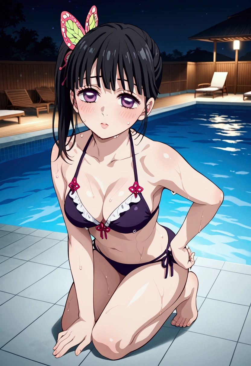 kanao tsuyuri, black hair, butterfly, butterfly hair ornament, purple eyes, side ponytail, ponytail, Bikini Swimwear, sexy pose, blush, shy, Pose seductively, Posing provocatively, Wet body, Sexy lips, pool, night, looking at viewer, Body tingling, full body