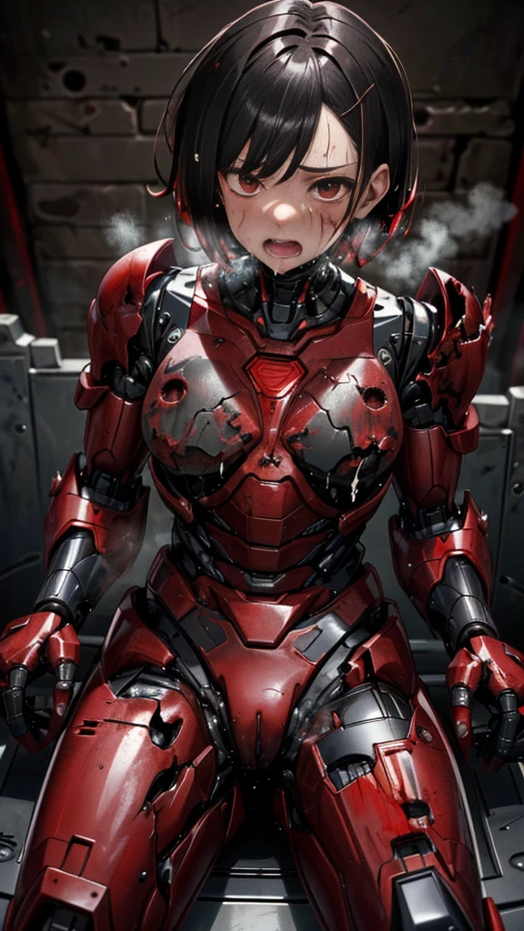 Rough skin,  very detailed ,  's Graveyard More Details  ,  high quality, 最 high quality,  Kampala, 1080P 、Bleeding from wounds、Red Armor、Wearing red and black、cute((Severe damage to the entire body))( wearing a damaged female robot suit...)(Red Armor)(Broken Armor) Black Hair 、、Short Hair、 Drenched 、Open your mouth、Sweaty face、It hurts again、cute、、 drooling from the mouth、Female university student　　(Steam coming out of my face) ((Steam from the body))  sit on a chair　 Touching the vagina　 drool　 look up with the naked eye 　suffering　