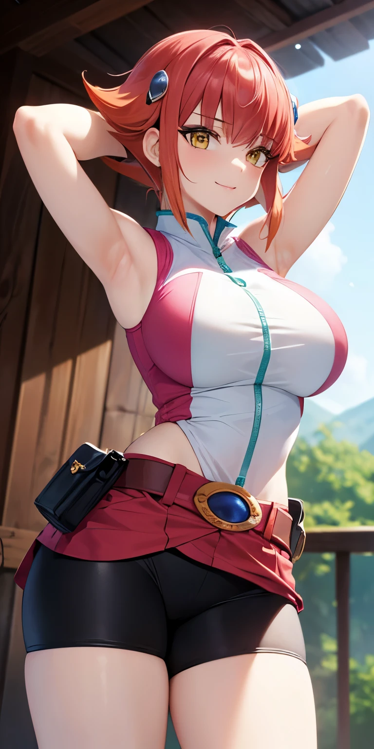 1 Female,High definition,high resolution,Ultra-realistic,8K, Annadef, 1girl, solo, multicolored hair, two-tone hair, hair ornament, yellow eyes, short hair, pink hair, red hair, orange hair,pink skirt ,small breasts, breasts, 
smile, shorts, sleeveless, belt, black shorts, bike shorts, large breasts,European,sexy,Upper body close-up,Photographed from the front,Dynamic Angles,(blush), (arms behind head),(big tits)