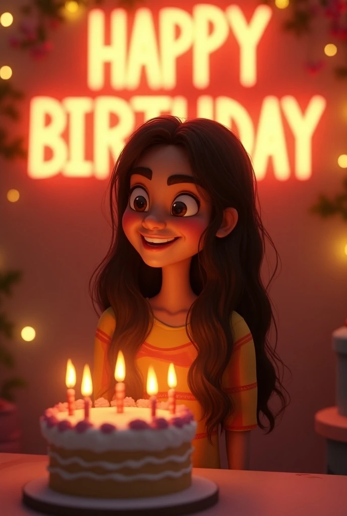 Create a 3d image in which a teenager girl cutting Cake wearing red color top with Name "Mahur" is written clearly on the Cake and candle burning on the cake , image features with birthday decorated view, realistic image, background decorated with birthday items.