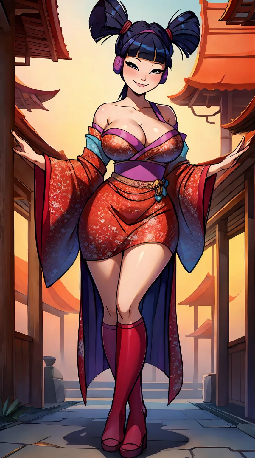 Big round breasts, exposed legs,Short kimono , smile, cleavage, oriental theme 