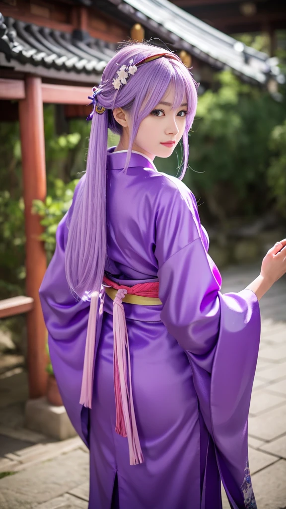 The overall picture of a woman like Raiden Shogun, purple kimono,A costume that looks like a hagoromo,Light purple hair, super resolution, , Zhao Yun, China&#39;Three Kingdoms, Bianlian, Genghis Khan, Feng Shui,  short hair, Xianxia Hero, Chinaの戦士,