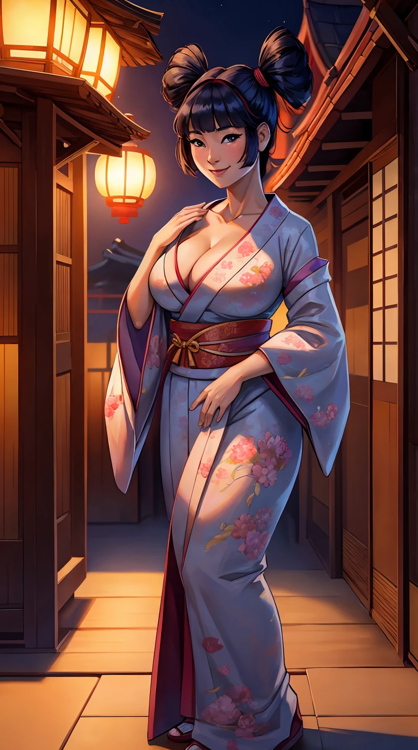 A beautiful Japanese woman in a short kimono, with big round breasts and exposed legs, smiling and showing cleavage, oriental theme, cinematic lighting, high quality, detailed, photorealistic, masterpiece, 8k, hyper detailed