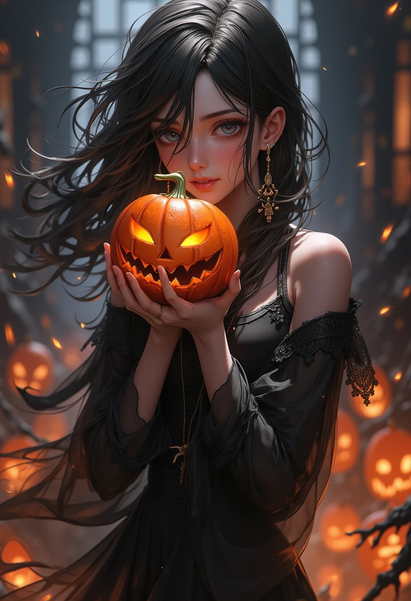 girl holding a pumpkin,1girl,horror,pumpkin,haunting,ominous atmosphere,dark shadows,dramatic lighting,cinematic,moody colors,muted tones,highly detailed,photorealistic,8k,masterpiece,intricate details,striking composition,intense contrast,dramatic lighting,elegant pose,haunting expression,photorealistic skin,mesmerizing eyes,realistic hair,flowing clothing