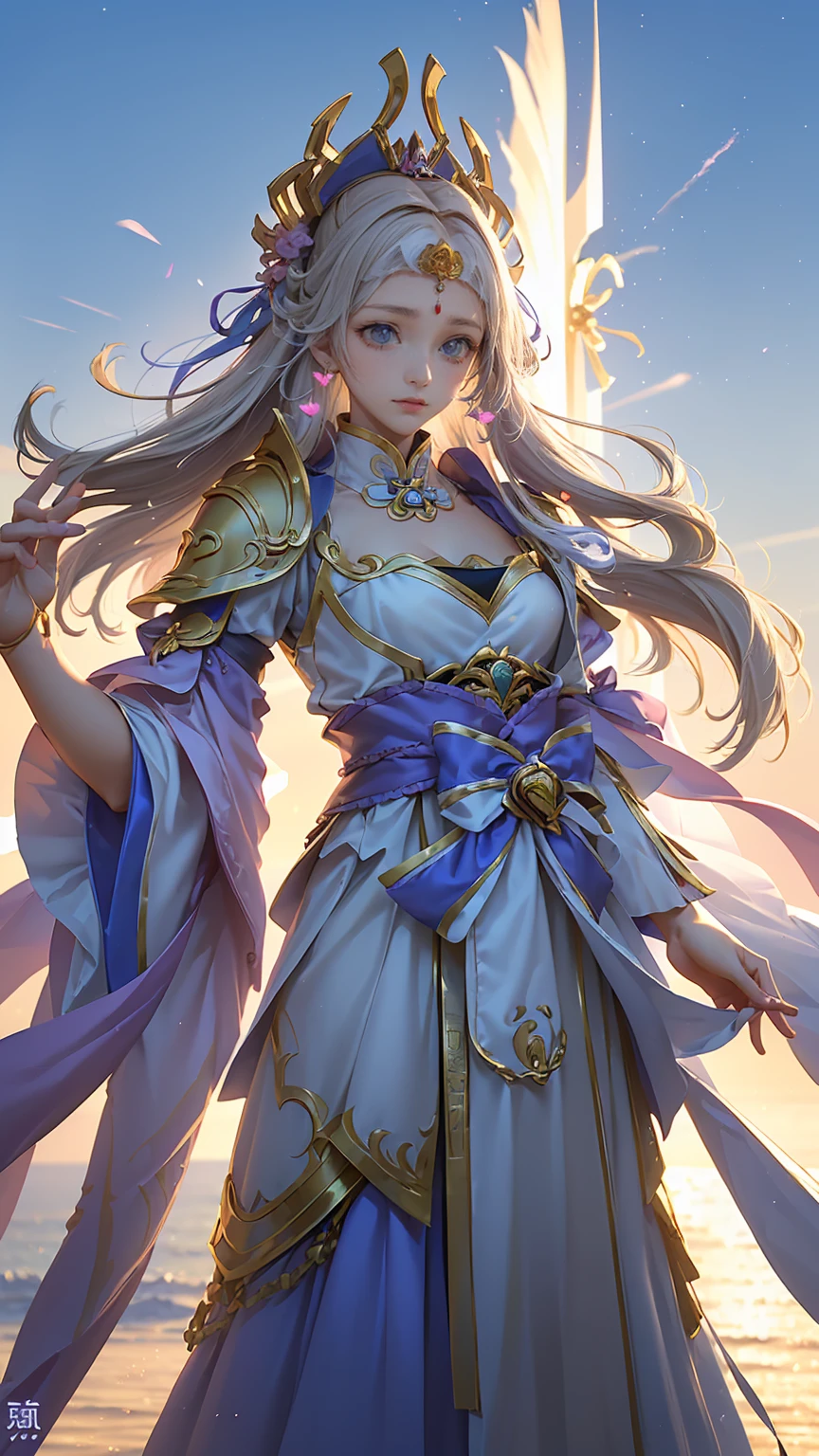 ​masterpiece, top-quality, One Young Woman Knight、Beautiful fece、Rin々Right、Girl hugging in her lap、beautiful countenance、beautidful eyes、25-years old、((FULL BODYSHOT))、Silver Half Plate and Dress Armor、Gorgeous blonde、long、Blue eyes、thoughtful、magical fantasy、chies、Lavender fields、in isekai、Medieval Europe、((FULL BODYSHOT))、Dynamic angles、