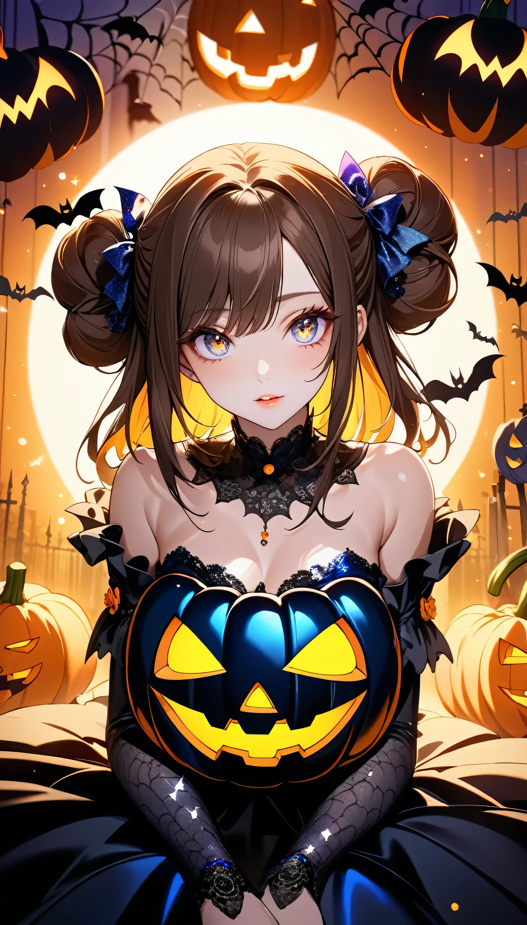 (beautiful girl:1.3),masterpiece,Please redeem,Ultra-high resolution,rich contrast,Very high quality,8k,Highly detailed CG unit wallpaper,Texture,So ridiculous,RAW Photos,Highest quality anime,Depth of written boundary 1.2,ultra-detailed eyes,Glowing Skin,Glitter Effect,Beautiful glossy lips,(double pumpkinbuns,Brown Hair),( Halloween ),Looks like she&#39;s about 15,ROUGH,(The tip of the skirt is equipped with a round light that emits yellow light).big and round butt,girl　Alone, fantastic,(from behind:2.0),(smile, closed mouth),SDXL