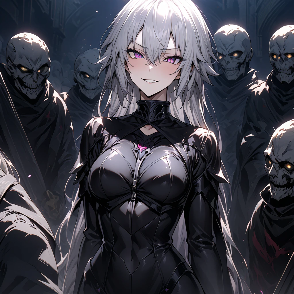 nsfw High image quality、best quality、extremely detailed CG unity 8k wallpaper、Masterpiece、ultra detailed、super fine illustration、detailed beautiful face、detailed beautiful eyes、Big Breasts、big ass、glamorous body、 Jeanne Alter (fate) long hair、((High  class slave)) ((Metal collar)(latex spy suit)(sweat) evil smile  (((Hypnotic state))) (((Brainwashed)))((Seeded by enemy combatants)) (姿の見えない男にfuckされている)