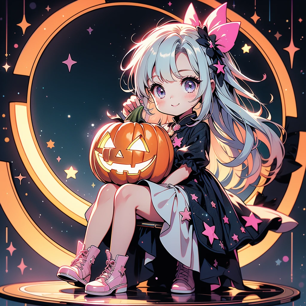 Chibi、cutestarの妖精、cute、（ beautiful eyes、Detailed eyes）、（ BEST DETAILS 、The best configuration、 perfect anatomy）、Full body front、Front、 facing the viewer、One Girl, best quality 、masterpiece、official art、Super detailed、 so beautiful、Pumpkin Fairy、Gray Hair、 straight long hair、milky way、Universe、star charm、star、baby face、 long boots for stepping on bread, magic circle、houndstooth、smile、Magenta Neon Light、Hope and expectation、 trick or treat、 Halloween 、🎃、 Halloween の衣装、orange and white goth costume、star、流star群、universe、 neon light enhances cuteness、dynamic、I'm sitting on a magic cane、sitting on the crescent moon、pink neon light border、