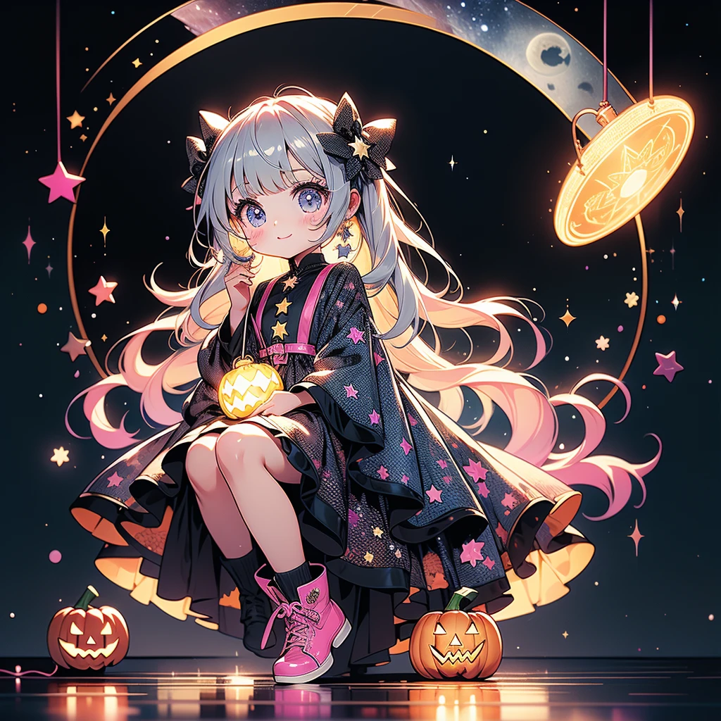 Chibi、cutestarの妖精、cute、（ beautiful eyes、Detailed eyes）、（ BEST DETAILS 、The best configuration、 perfect anatomy）、Full body front、Front、 facing the viewer、One Girl, best quality 、masterpiece、official art、Super detailed、 so beautiful、Pumpkin Fairy、Gray Hair、 straight long hair、milky way、Universe、star charm、star、baby face、 long boots for stepping on bread, magic circle、houndstooth、smile、Magenta Neon Light、Hope and expectation、 trick or treat、 Halloween 、🎃、 Halloween の衣装、orange and white goth costume、star、流star群、universe、 neon light enhances cuteness、dynamic、I'm sitting on a magic cane、sitting on the crescent moon、pink neon light border、