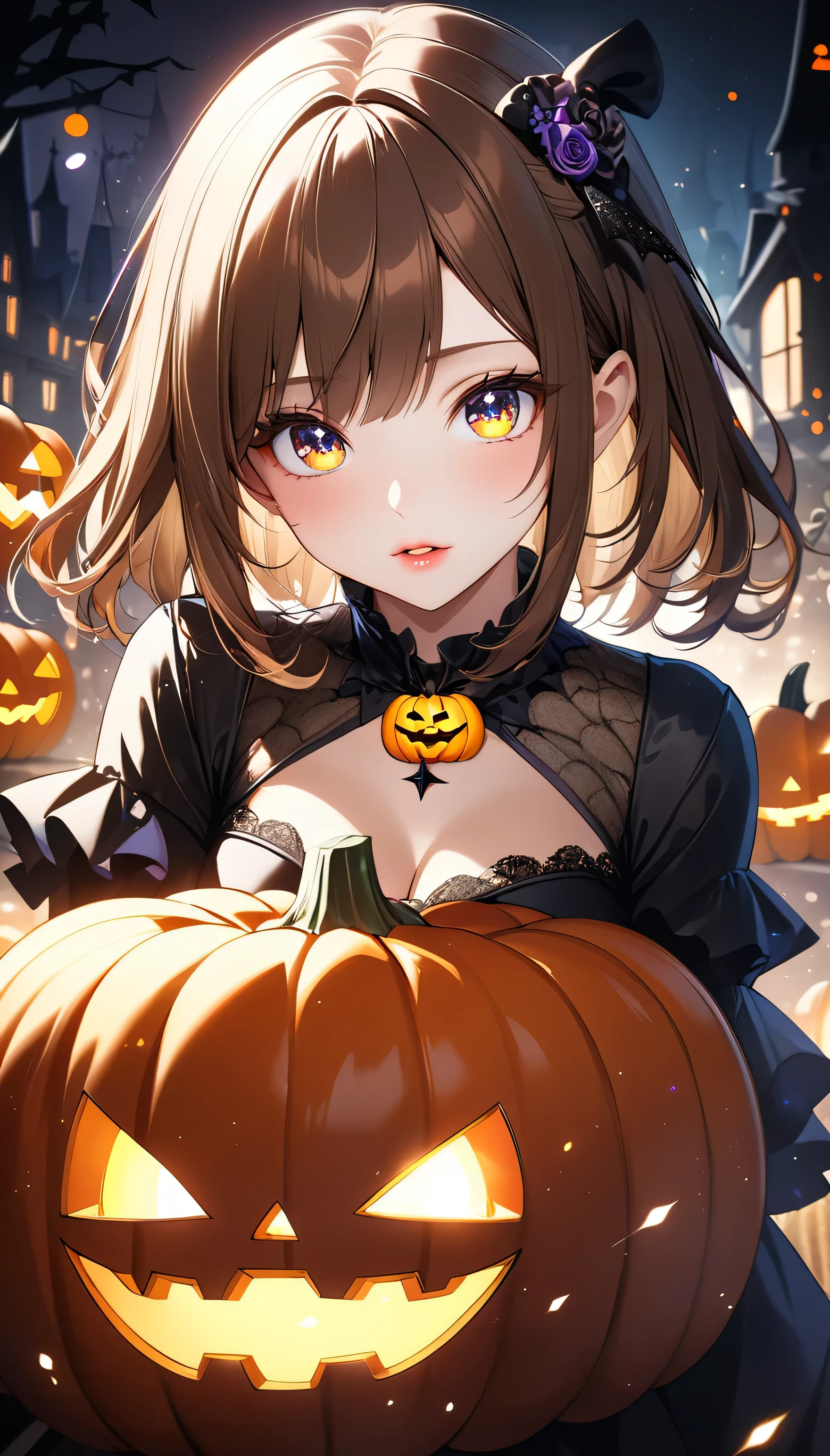 (beautiful girl:1.3),masterpiece,Please redeem,Ultra-high resolution,rich contrast,Very high quality,8k,Highly detailed CG unit wallpaper,Texture,So ridiculous,RAW Photos,Highest quality anime,Depth of written boundary 1.2,ultra-detailed eyes,Glowing Skin,Glitter Effect,Beautiful glossy lips,(double pumpkinbuns,Brown Hair),( Halloween ),Looks like she&#39;s about 15,ROUGH,(The tip of the skirt is equipped with a round light that emits yellow light).big and round butt,girl　Alone, fantastic,(Rear View:2.0),(Close-up on the nape:2.0),(smile, closed mouth),