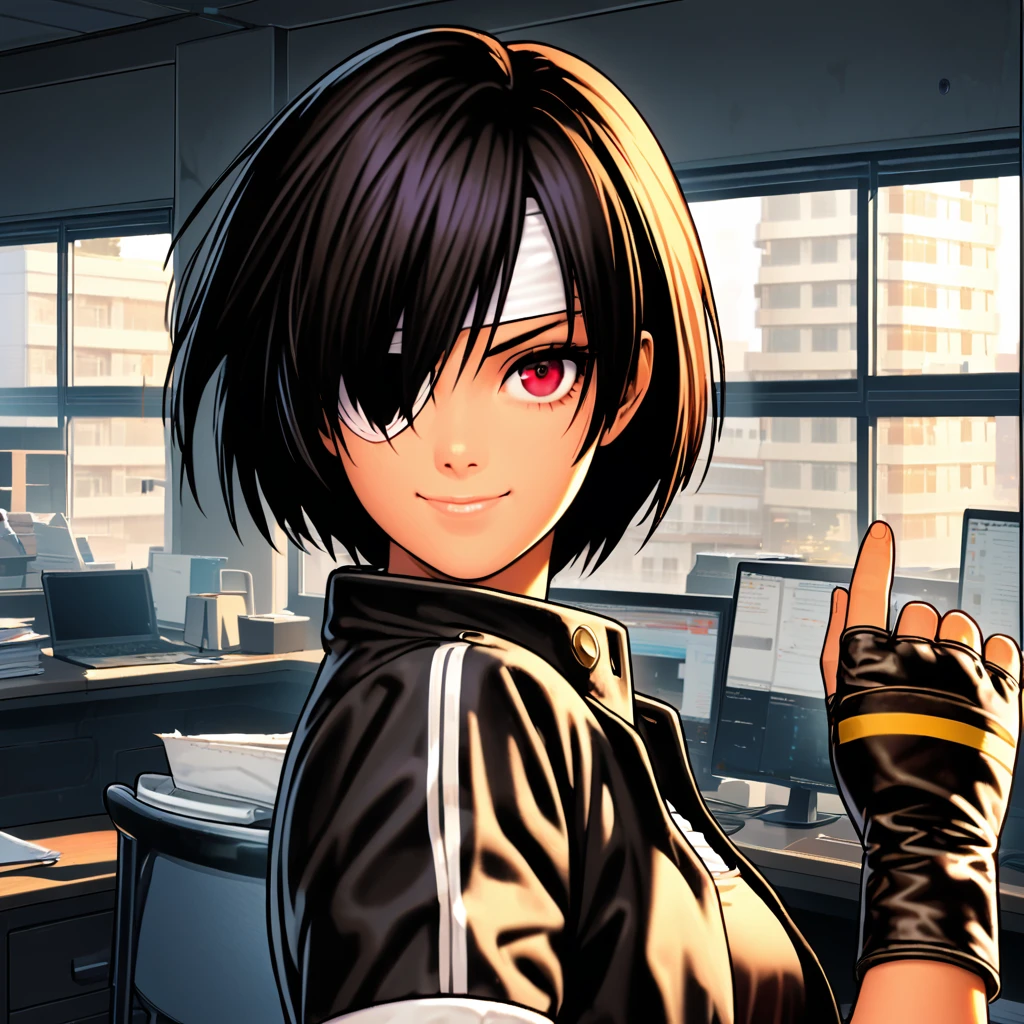 1 girl, hmn1, short hair, black hair , red eyes, (Eyepatch: 1.1), smiling,.
breaking ((black jacket with rolled up sleeves)), fingerless gloves, white t-shirt, (( white headband )), open jacket, black pants, white shoes, brown belt,
Breaking looking at viewer, breaking
Breaking indoors, office, window, window 
Breaking (masterpiece:1.2), best quality, high resolution, Unity 8k wallpaper , (illustration:0.8), ( Beautiful Detail Eyes:1.6), highly detailed face, perfect lighting, highly detailed CG, (perfect hands, perfect anatomy)