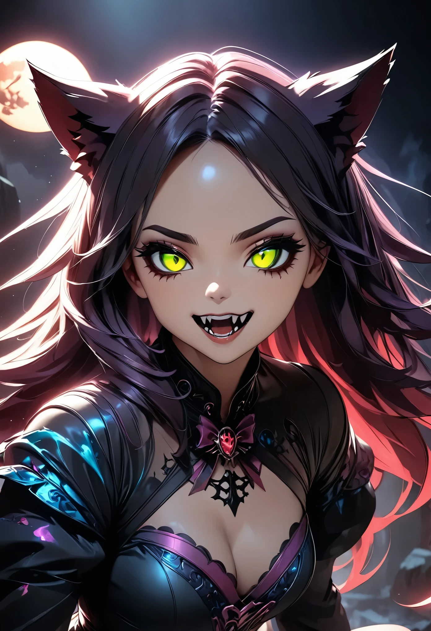 1 female werewolf 、 evil and beautiful monster woman、 sharp fangs、 dark fantasy₋ハロウィンアート、Wolf fur、 sexy poses 、 Random Poses 、Dramatic lighting、Moody Movie 、 complicated details、Film composition、暗くて不機嫌なatmosphere、 Dramatic Light and Dark Lighting 、(Best Quality:1.2、 very detailed 、 super high resolution 、 high contrast、 anime style、 Detailed CG Illustrations 、masterpiece:1.2、Best aesthetics)、 Neon Effect:1.2、 dark fantasy、Cinematic、dramatic、atmosphere、dark、Gothic、Functional、魅惑的、Charming、 dynamic 、Powerful、strong、Impression