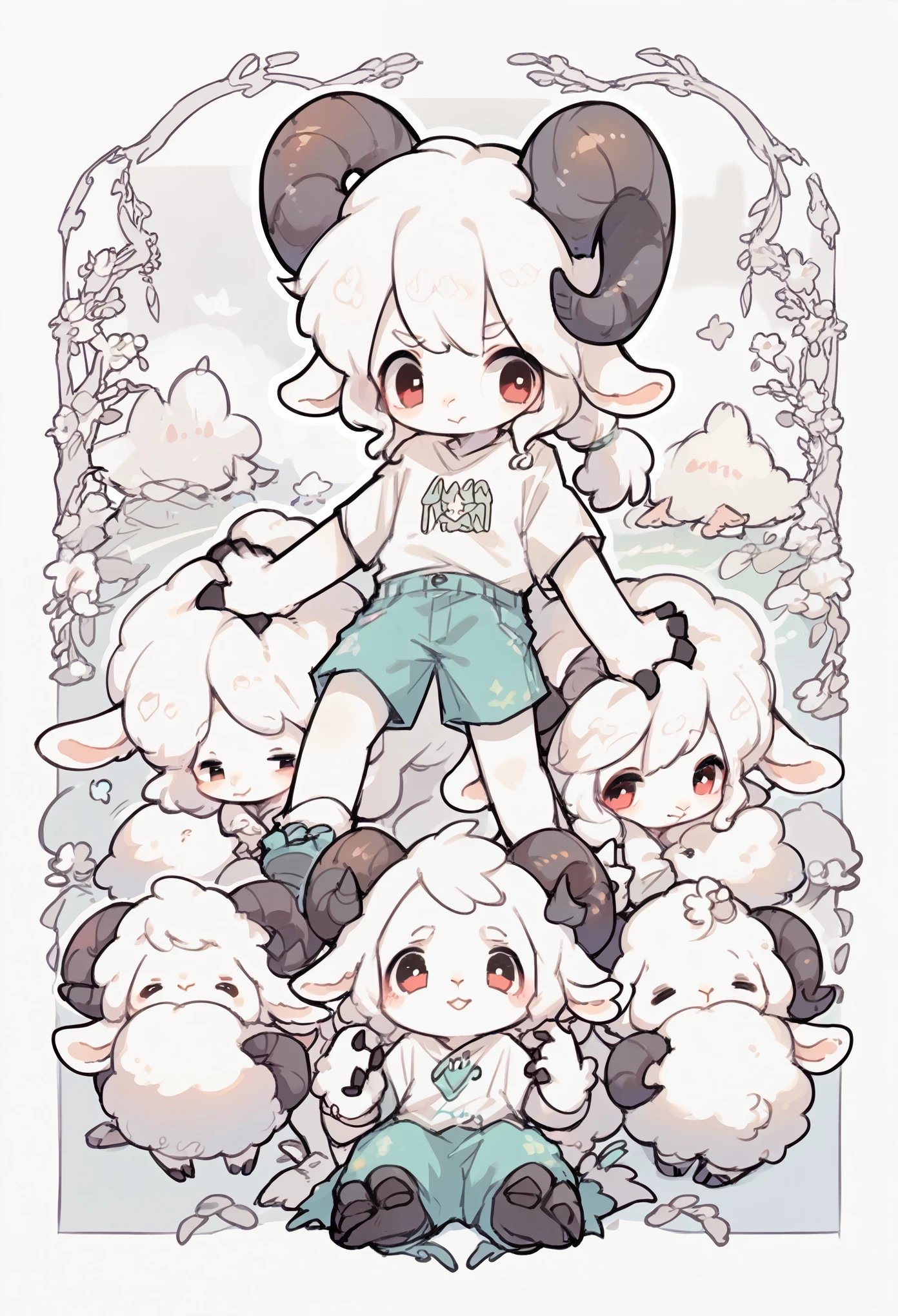 antelope boy，Sheep horns，Boys Features， white hair，White Arm，Short sleeve，