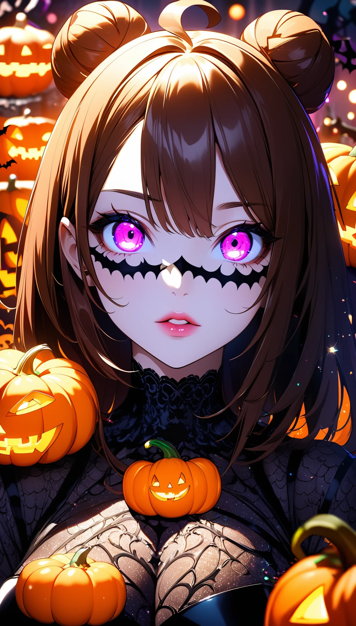 (beautiful girl:1.3),masterpiece,Please redeem,Ultra-high resolution,rich contrast,Very high quality,8k,Highly detailed CG unit wallpaper,Texture,So ridiculous,RAW Photos,Highest quality anime,Depth of written boundary 1.2,ultra-detailed eyes,Glowing Skin,Glitter Effect,Beautiful glossy lips,(double pumpkinbuns,Brown Hair),( Halloween ),Looks like she&#39;s about 15,ROUGH,(The tip of the skirt is equipped with a round light that emits yellow light).big and round butt,girl　Alone, fantastic,(Rear View:2.0),(Close-up on the nape:2.0),(smile, closed mouth),