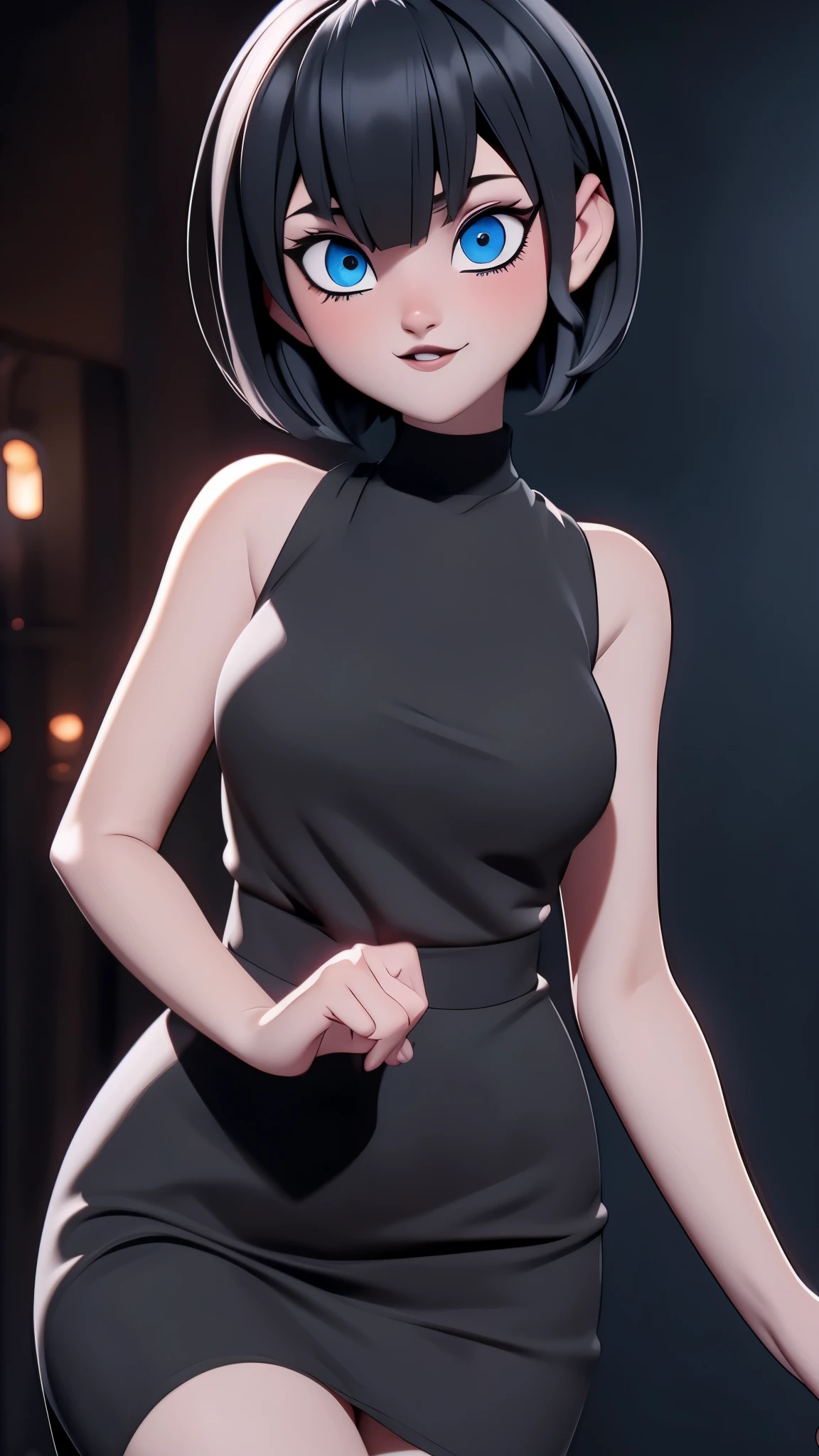 (best quality:1.4),(shiny skin), body focus, (cute face), (((best quality))), illustration, ((Beautiful Finger)), , Beautiful body, Beautiful character design, ,perfect lighting, Colorful, Bright_Front_face_Lighting, ultra high res, highres, absurdres:1.2, bokeh:1.2, lens flare, (vibrant_color:1.2), (thick thighs:1.1), THICK, Black hair with bangs, pale skin, large round blue eyes, black eyeliner, black lipstick, neutral expression, brown sleeveless dress