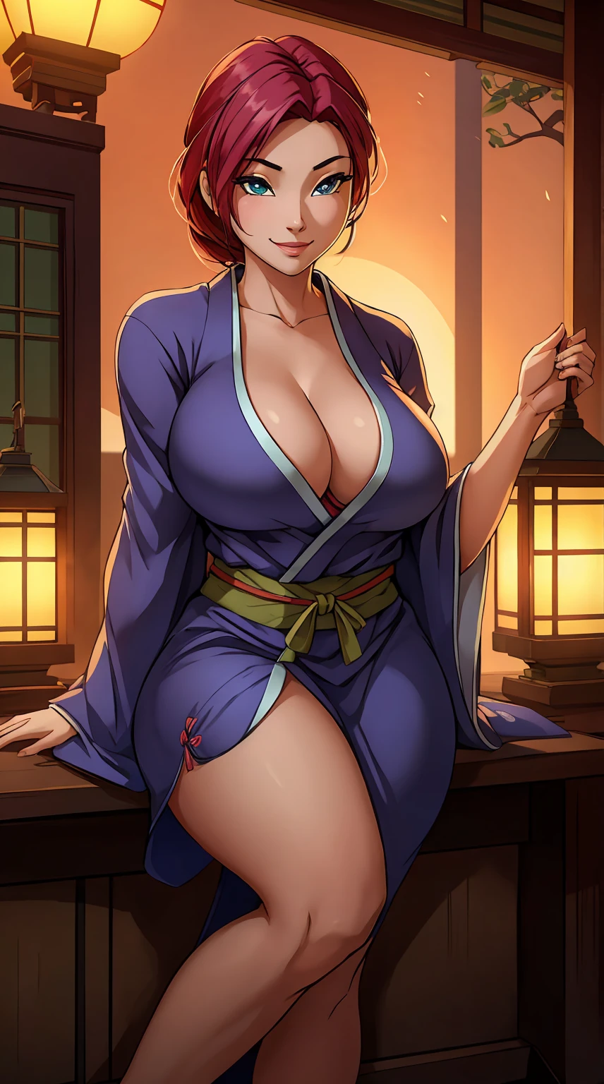 A beautiful Japanese woman in a short kimono, with big round breasts and exposed legs, smiling and showing cleavage, oriental theme, cinematic lighting, high quality, detailed, photorealistic, masterpiece, 8k, hyper detailed